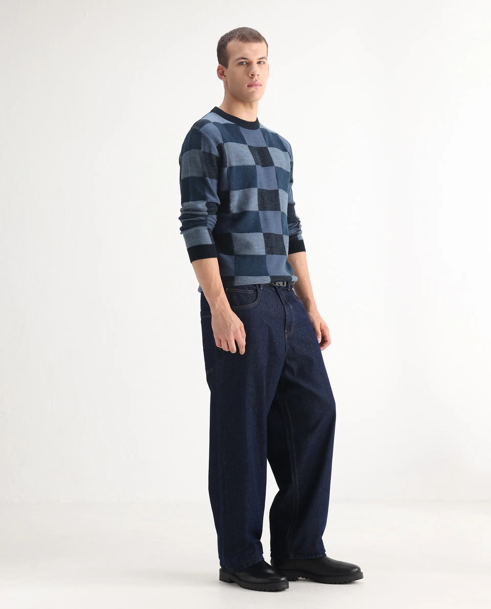 Rare Rabbit Men's Niretor Dark Cotton Plain Baggy Fit Jeans