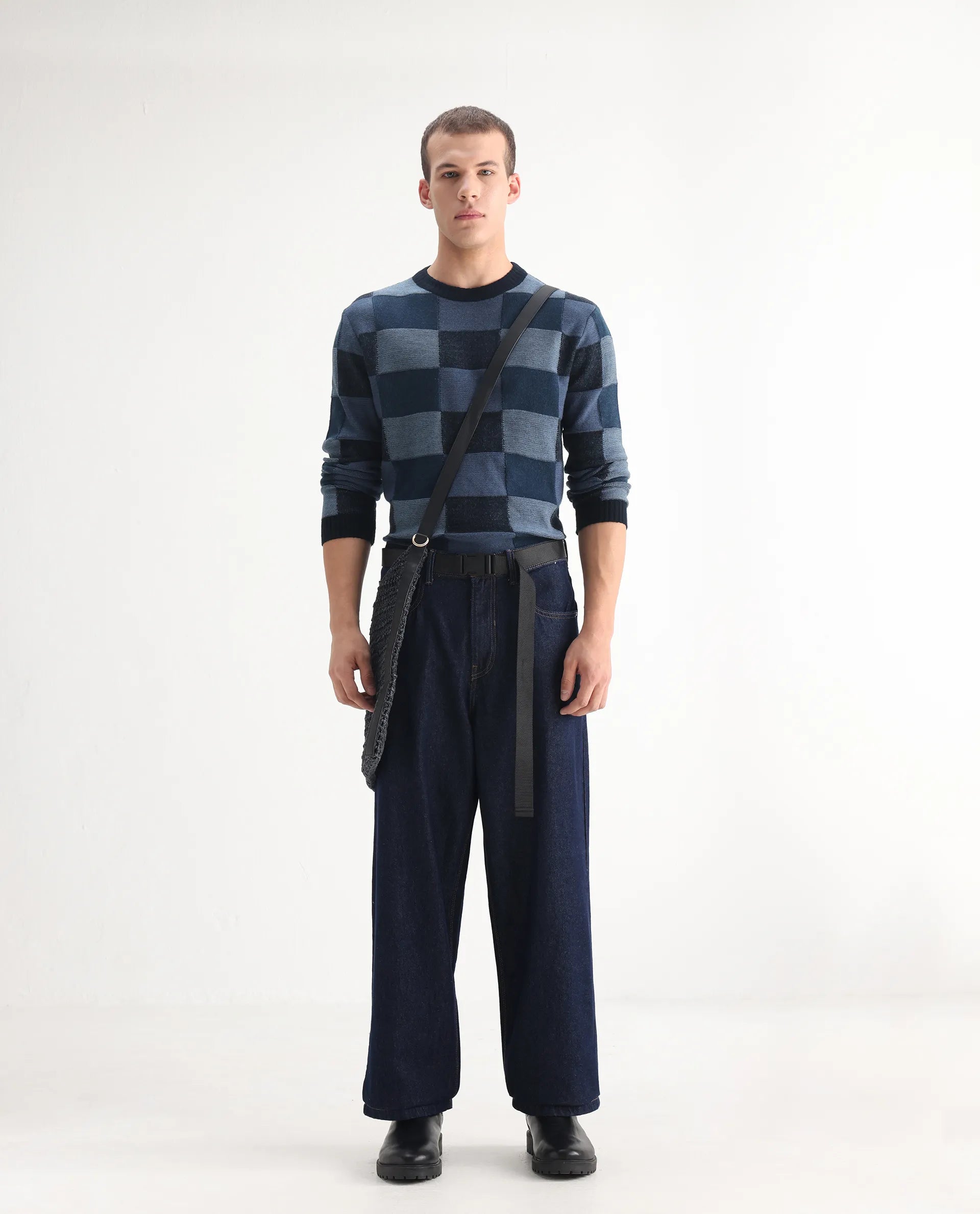 Rare Rabbit Men's Niretor Dark Cotton Plain Baggy Fit Jeans