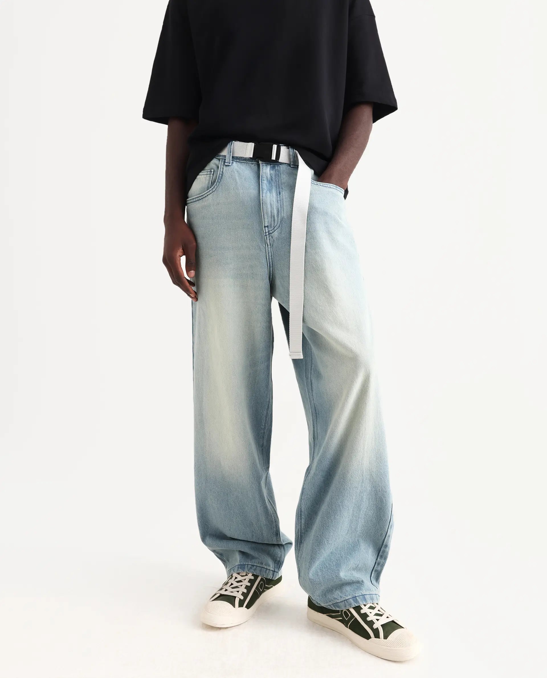 Rare Rabbit Men's Niretor-2 Light Blue Cotton Plain Baggy Fit Jeans