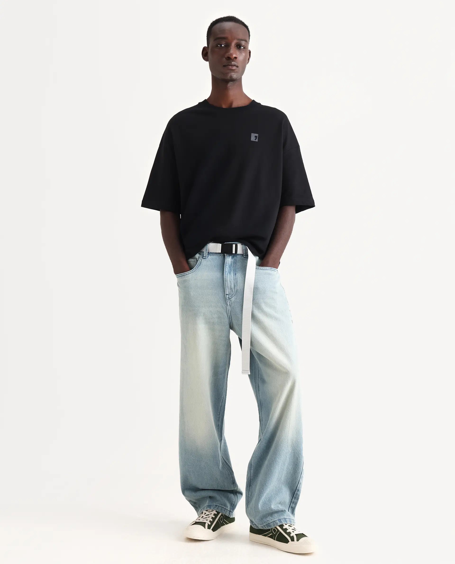 Rare Rabbit Men's Niretor-2 Light Blue Cotton Plain Baggy Fit Jeans