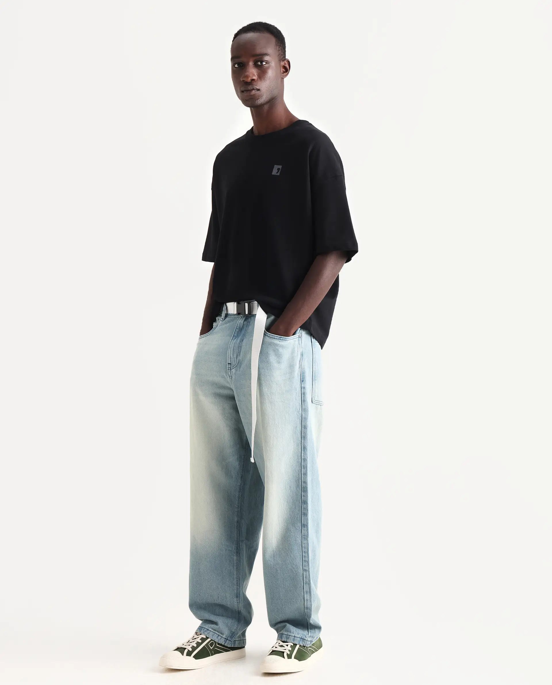 Rare Rabbit Men's Niretor-2 Light Blue Cotton Plain Baggy Fit Jeans