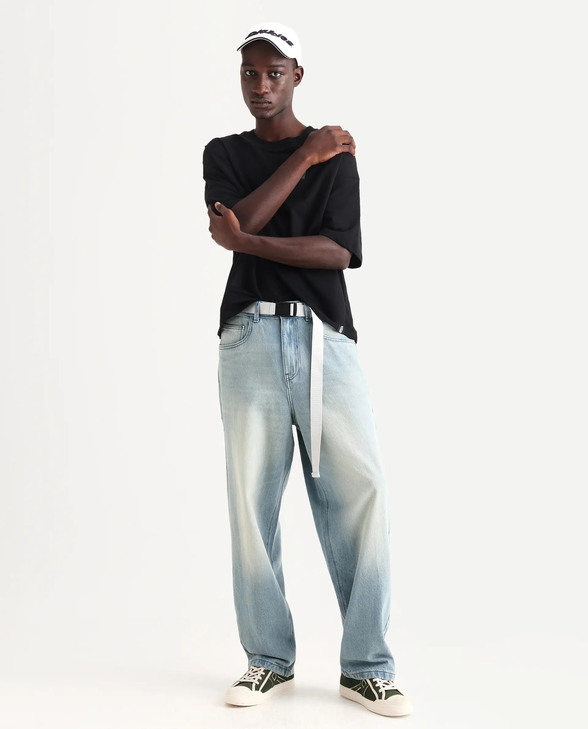 Rare Rabbit Men's Niretor-2 Light Blue Cotton Plain Baggy Fit Jeans