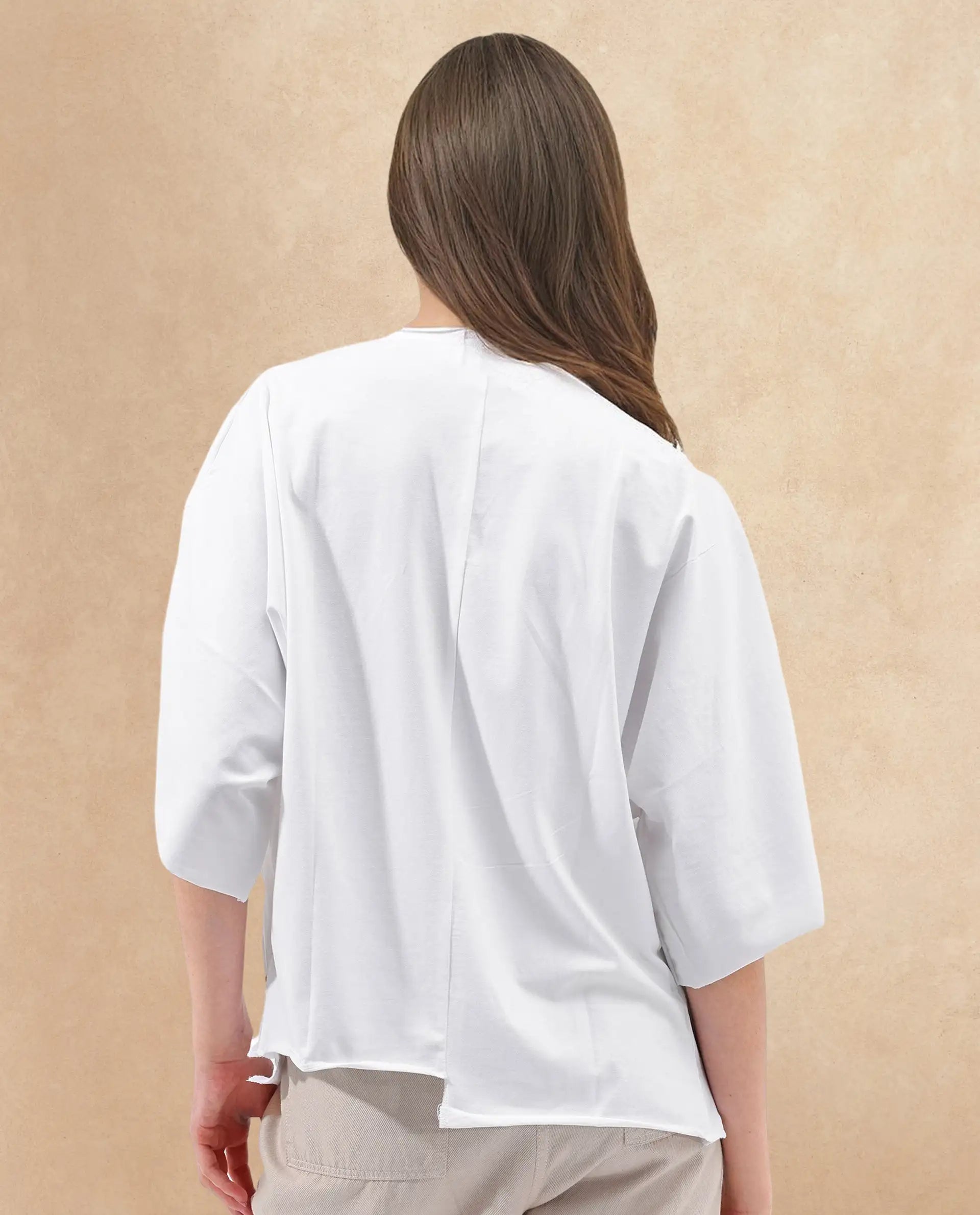 Rareism Women Nirv White Cotton Fabric Short Sleeves Relaxed Fit Plain Shrug