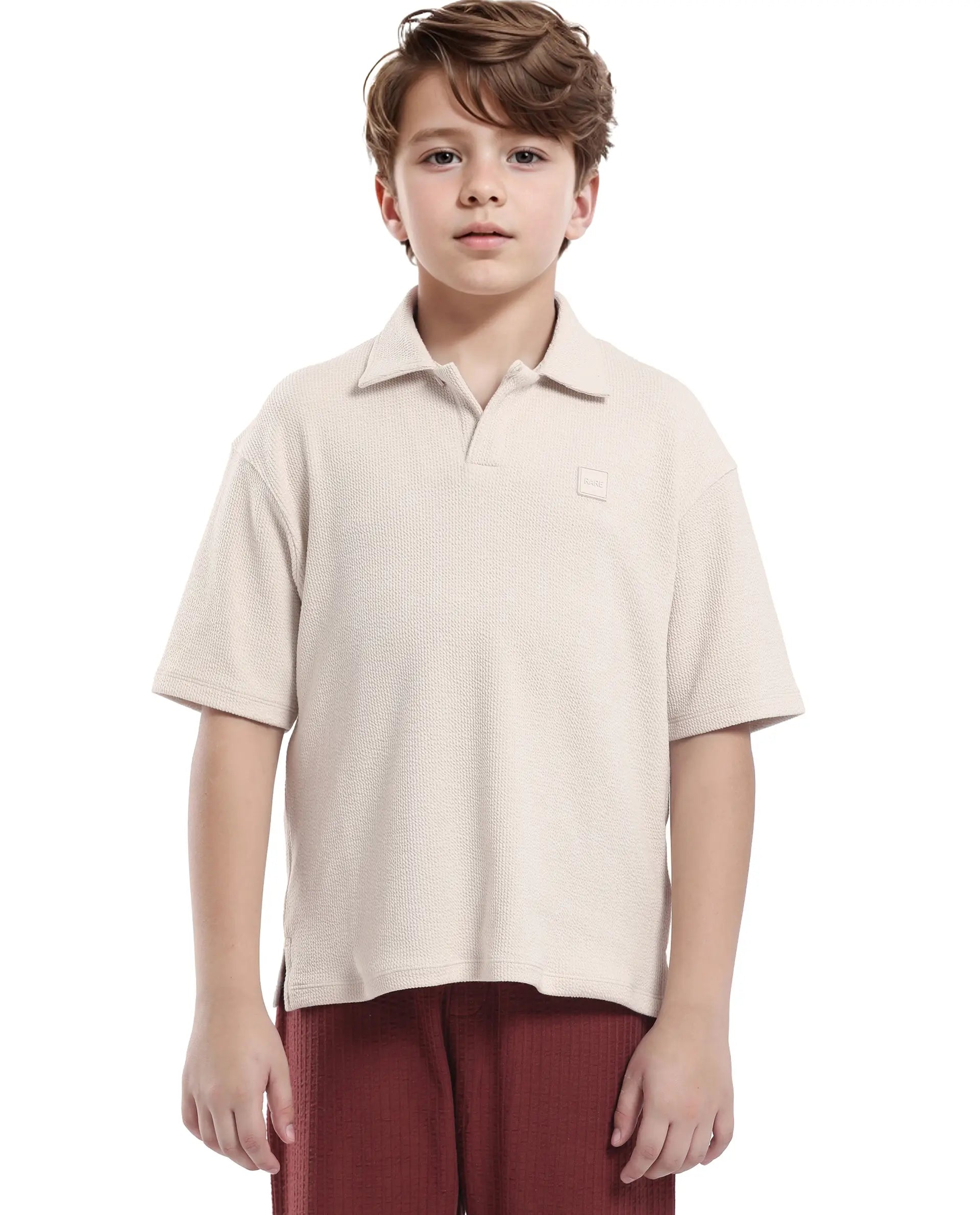 Rare Ones Kids Nisk Light Beige Polyester Blend Short Sleeve Polo Collar Solid Polo