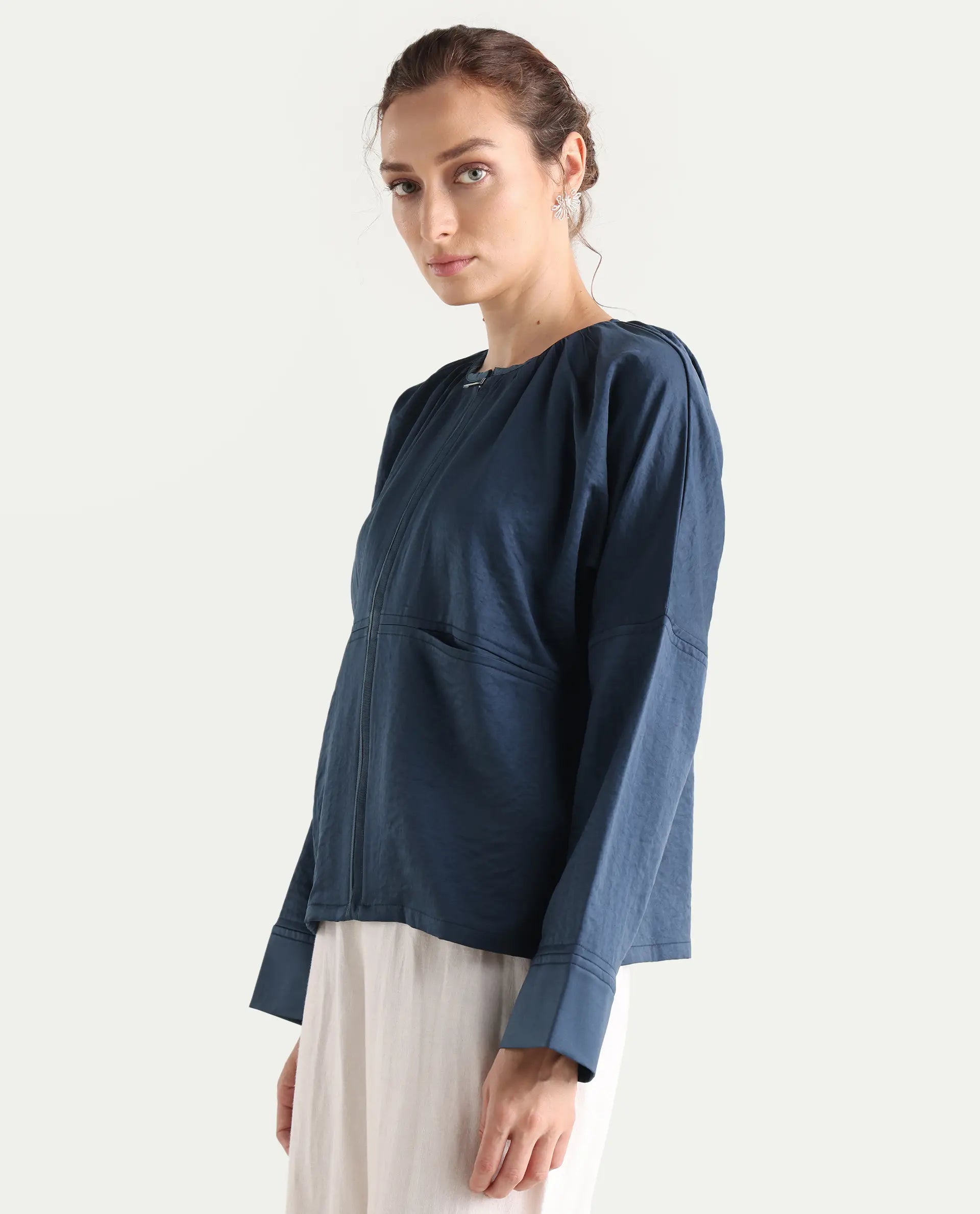 Rareism Women's Nisat Navy Polyester Round Neck Relaxed Plain Jacket