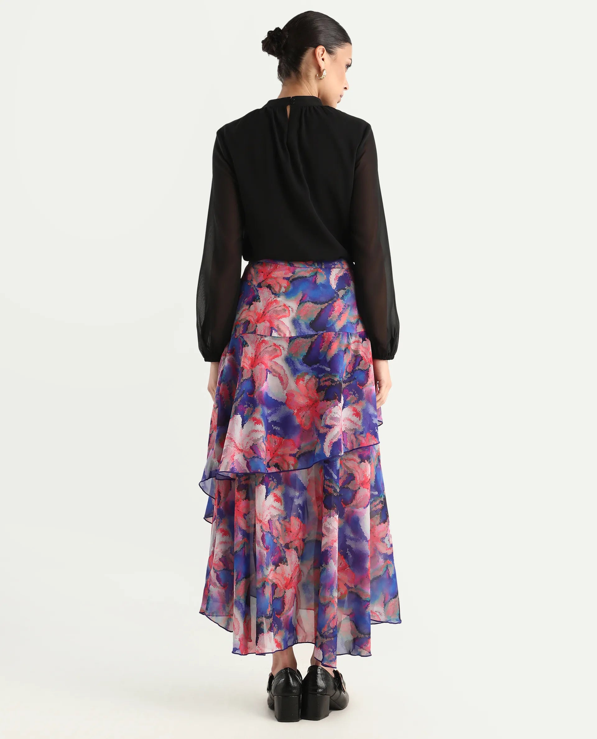 Rareism Women's Nitane Purple Polyester Floral Print Maxi Flared Skirt