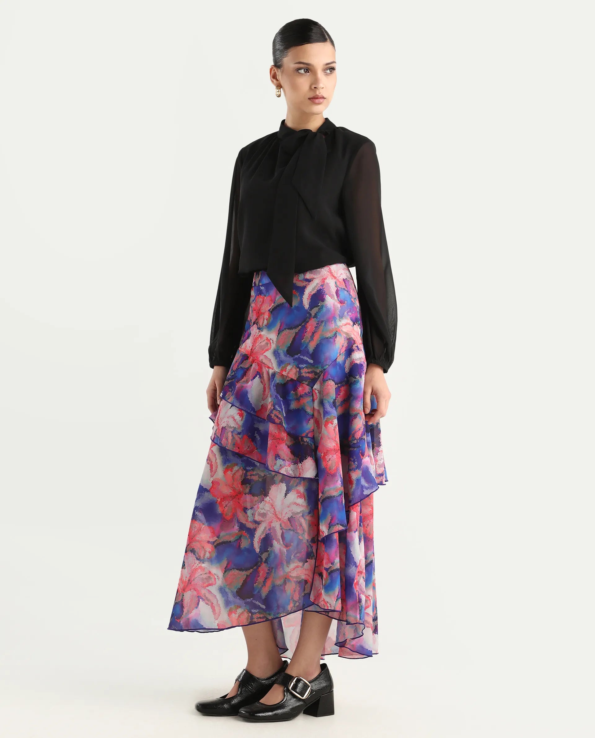 Rareism Women's Nitane Purple Polyester Floral Print Maxi Flared Skirt