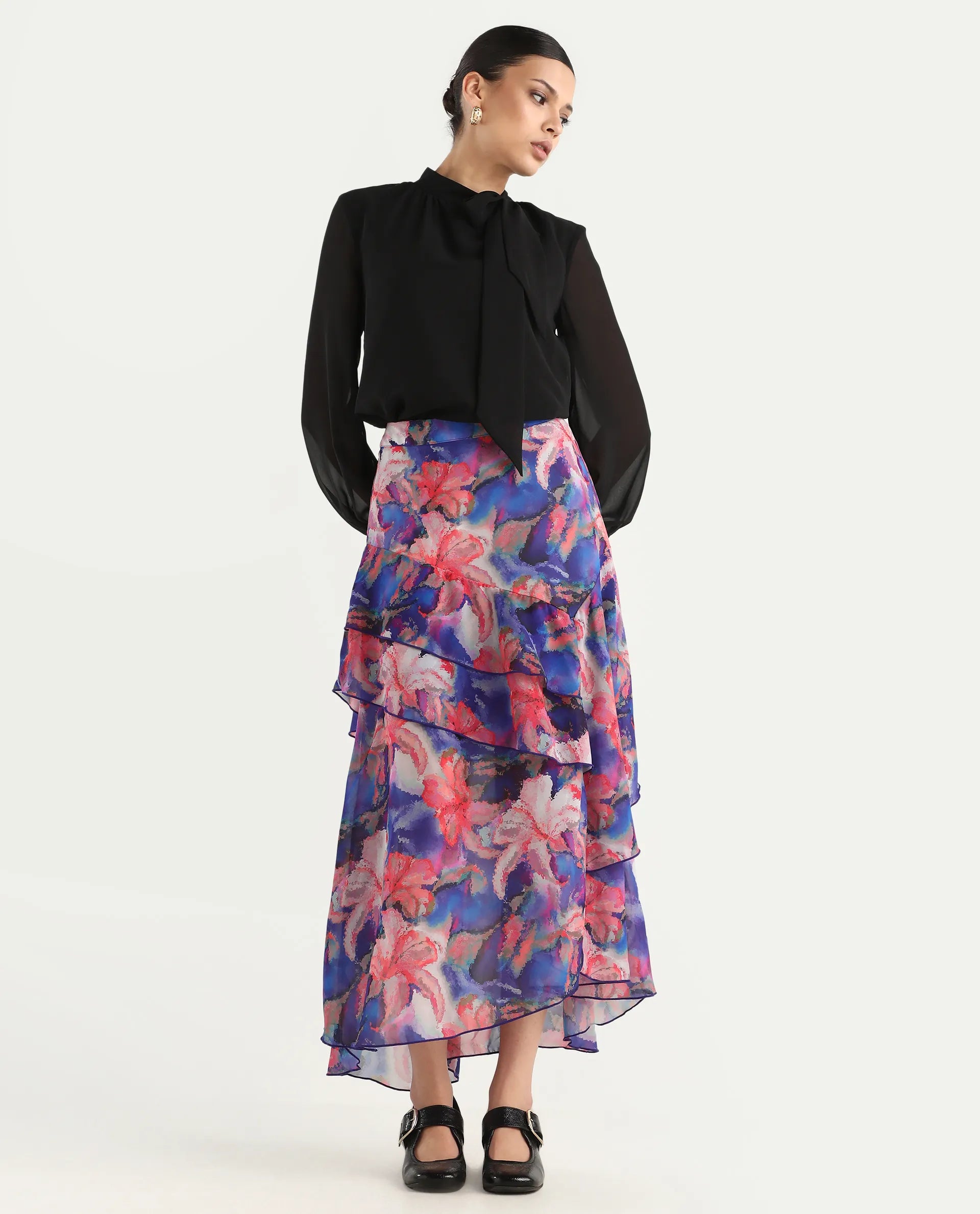 Rareism Women's Nitane Purple Polyester Floral Print Maxi Flared Skirt