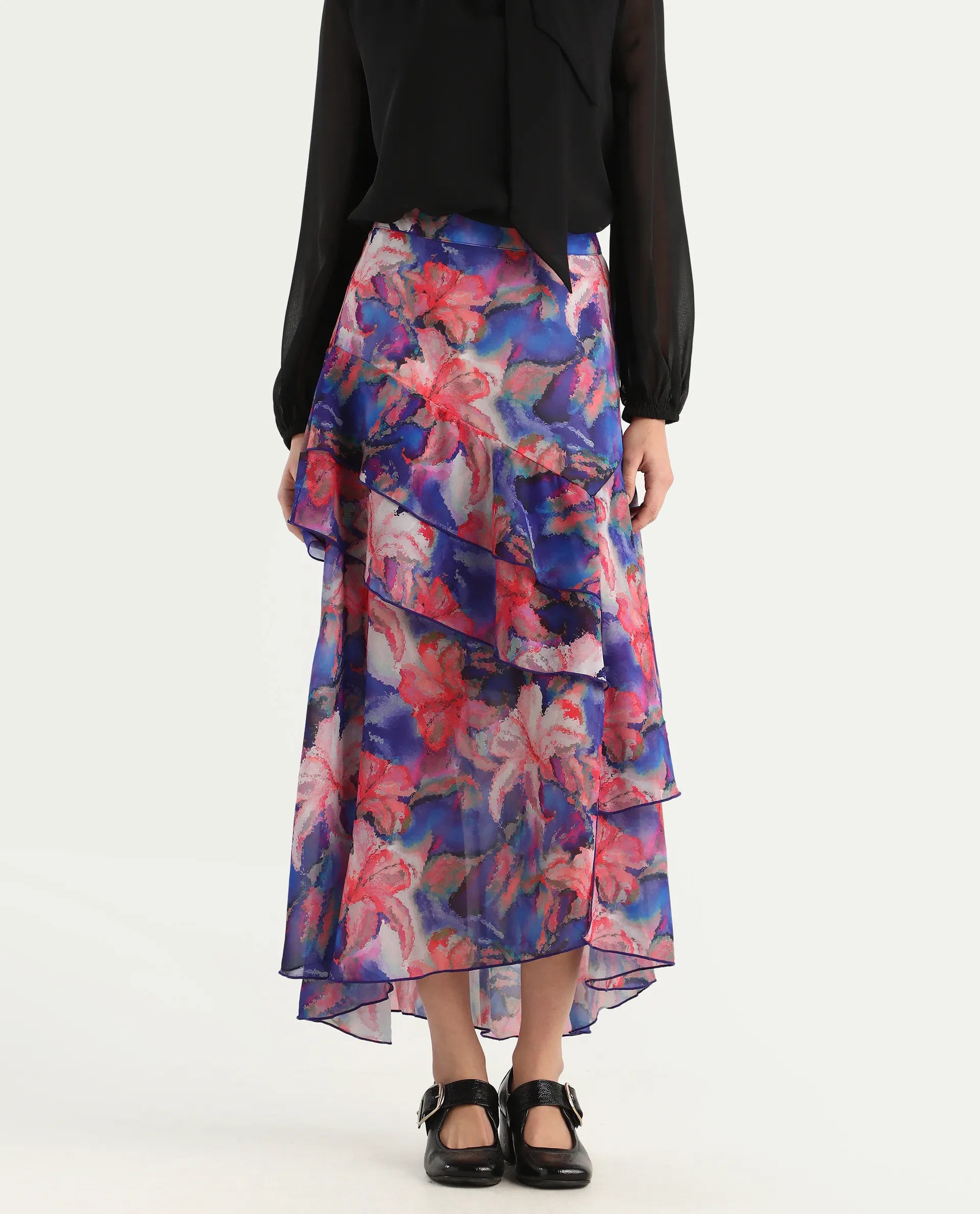 Rareism Women's Nitane Purple Polyester Floral Print Maxi Flared Skirt