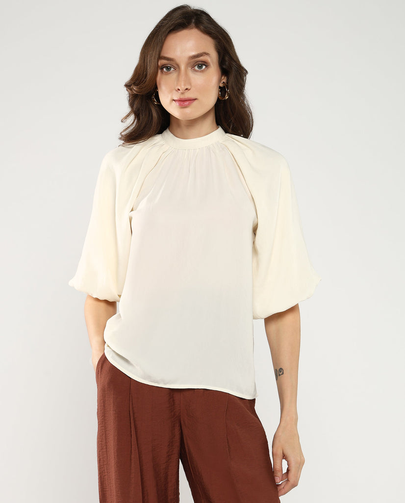 Rareism Women Nito Beige Satin Raglan Sleeves Mandarin Collar Button Closure Plain Top main image 0