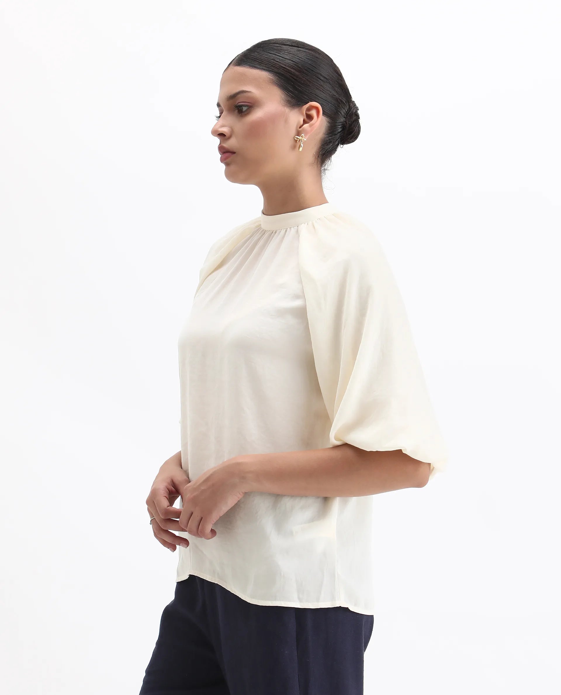 Rareism Women's Nito Beige Satin Mandarin Collar Plain Raglan Sleeve Regular Fit Top