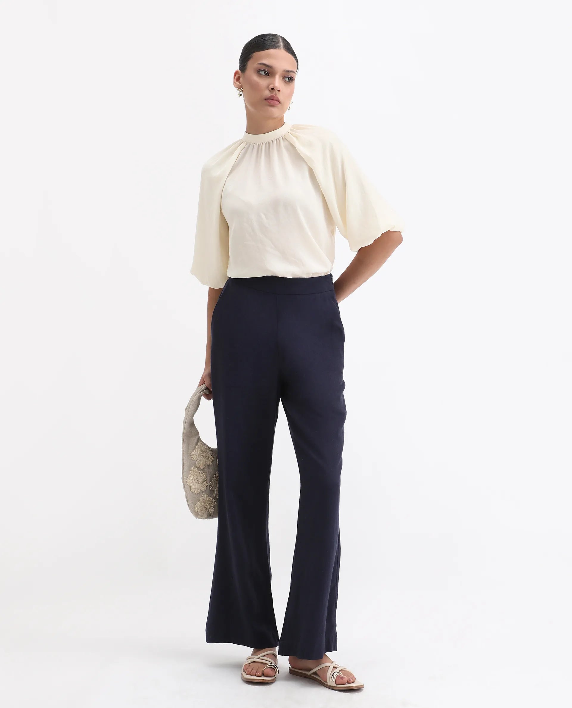 Rareism Women's Nito Beige Satin Mandarin Collar Plain Raglan Sleeve Regular Fit Top