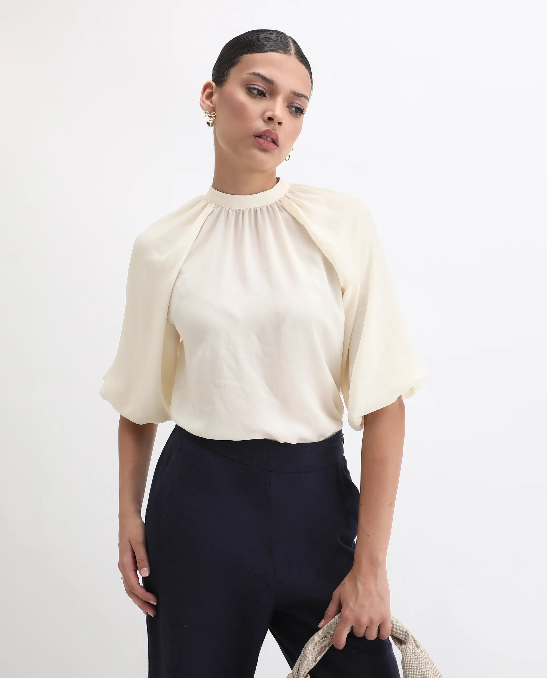 Rareism Women's Nito Beige Satin Mandarin Collar Plain Raglan Sleeve Regular Fit Top