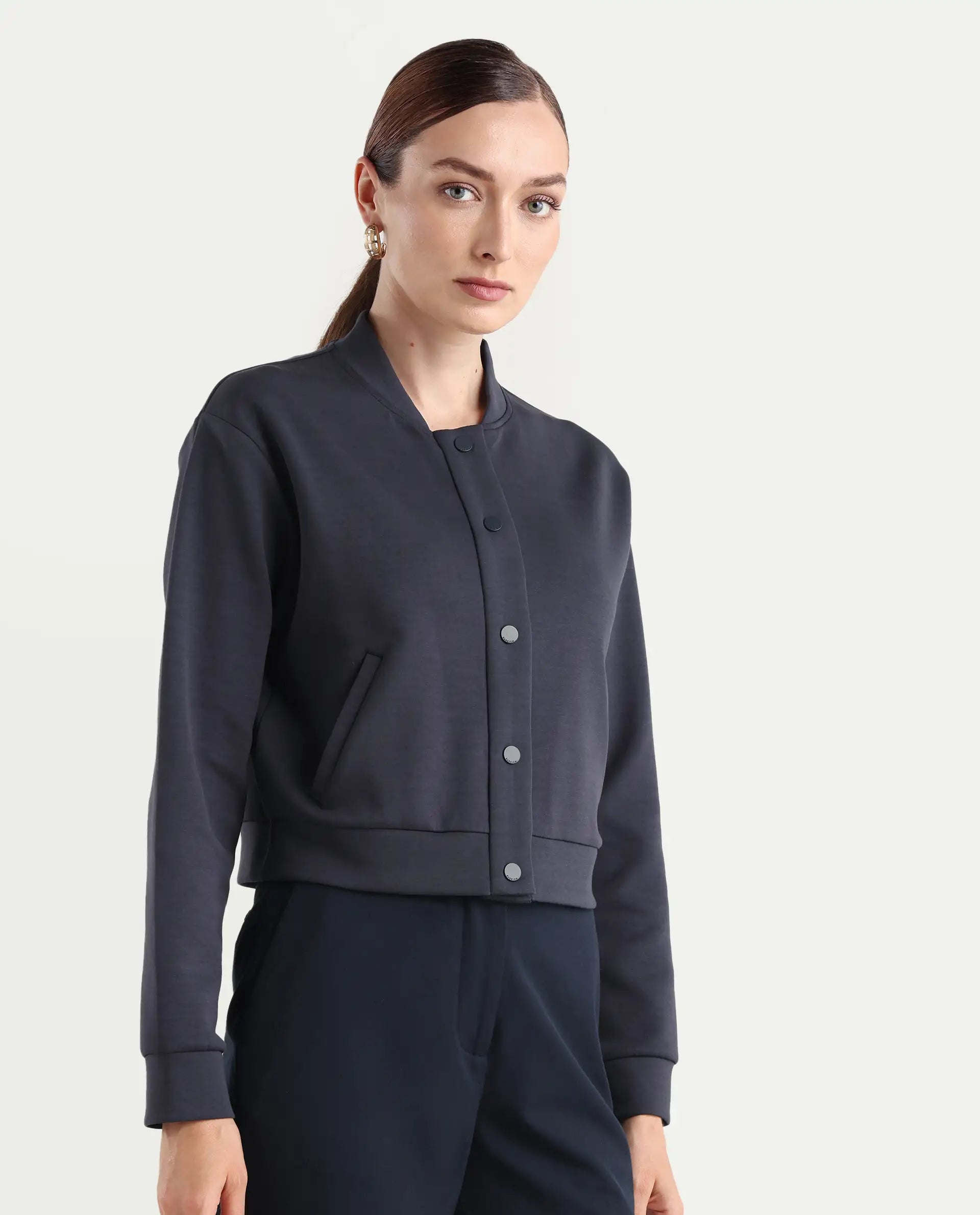 Rareism Women's Nitt Navy Cotton Blend Stand Collar Regular Fit Jacket