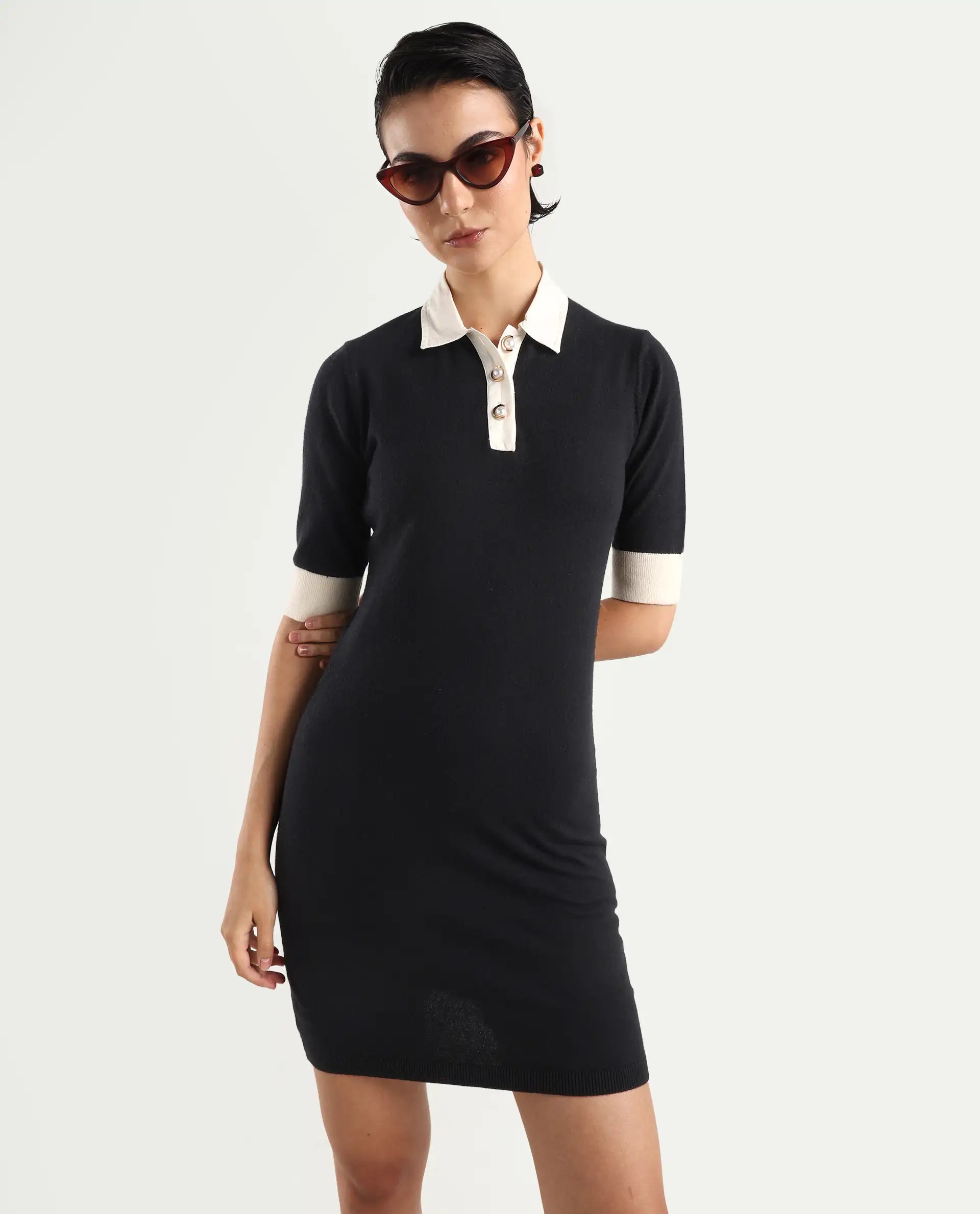 Rareism Women's Nitu Black Nylon Drop Collar Plain Knee Length Bodycon Dress