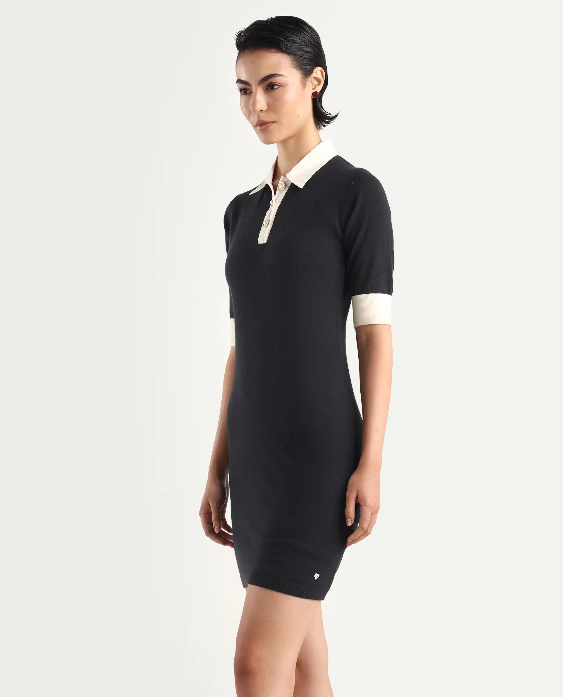 Rareism Women's Nitu Black Nylon Drop Collar Plain Knee Length Bodycon Dress