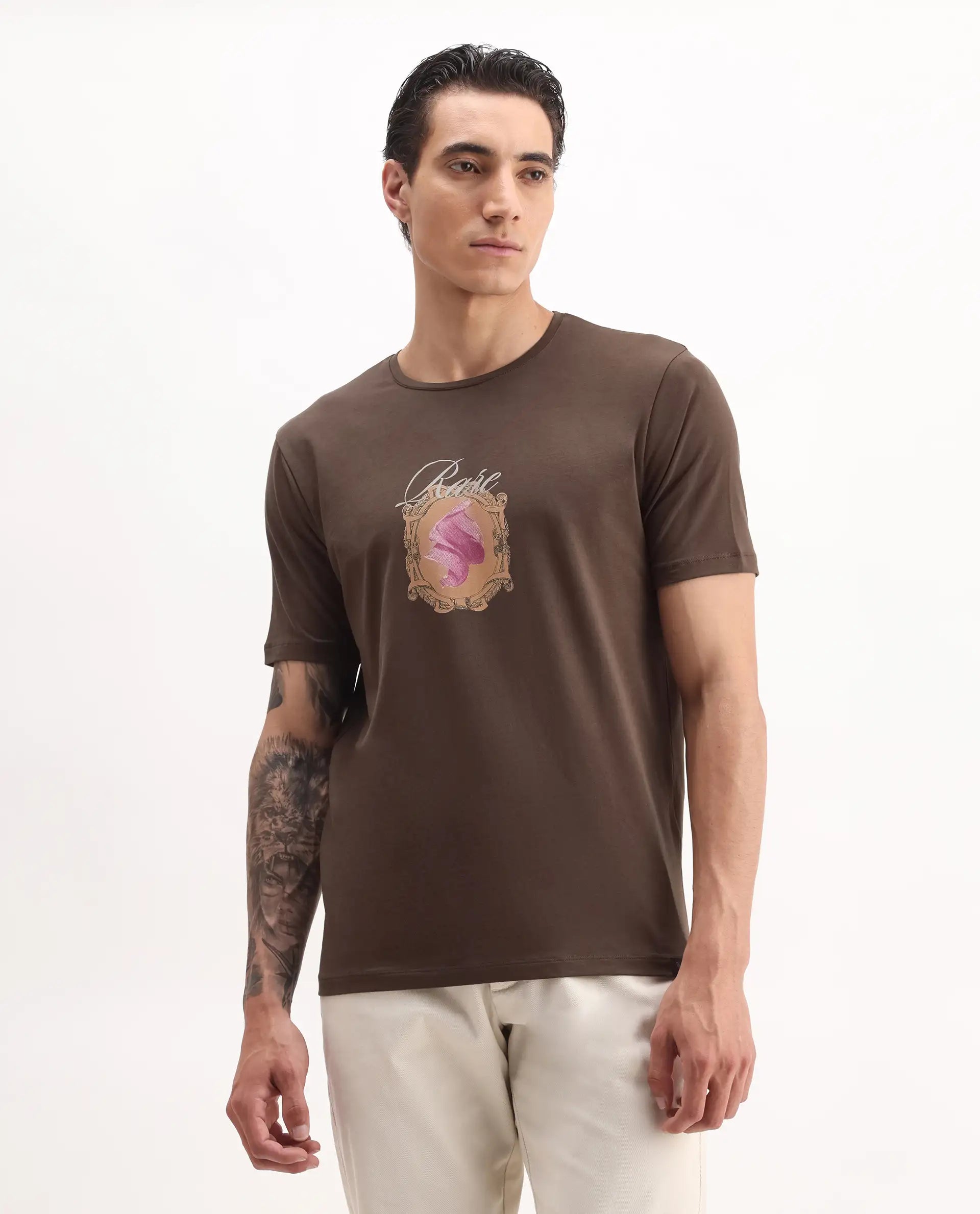 Rare Rabbit Men's Niva Dark Brown Cotton Graphic Print Regular Fit Half Sleeve Crew Neck T-Shirt