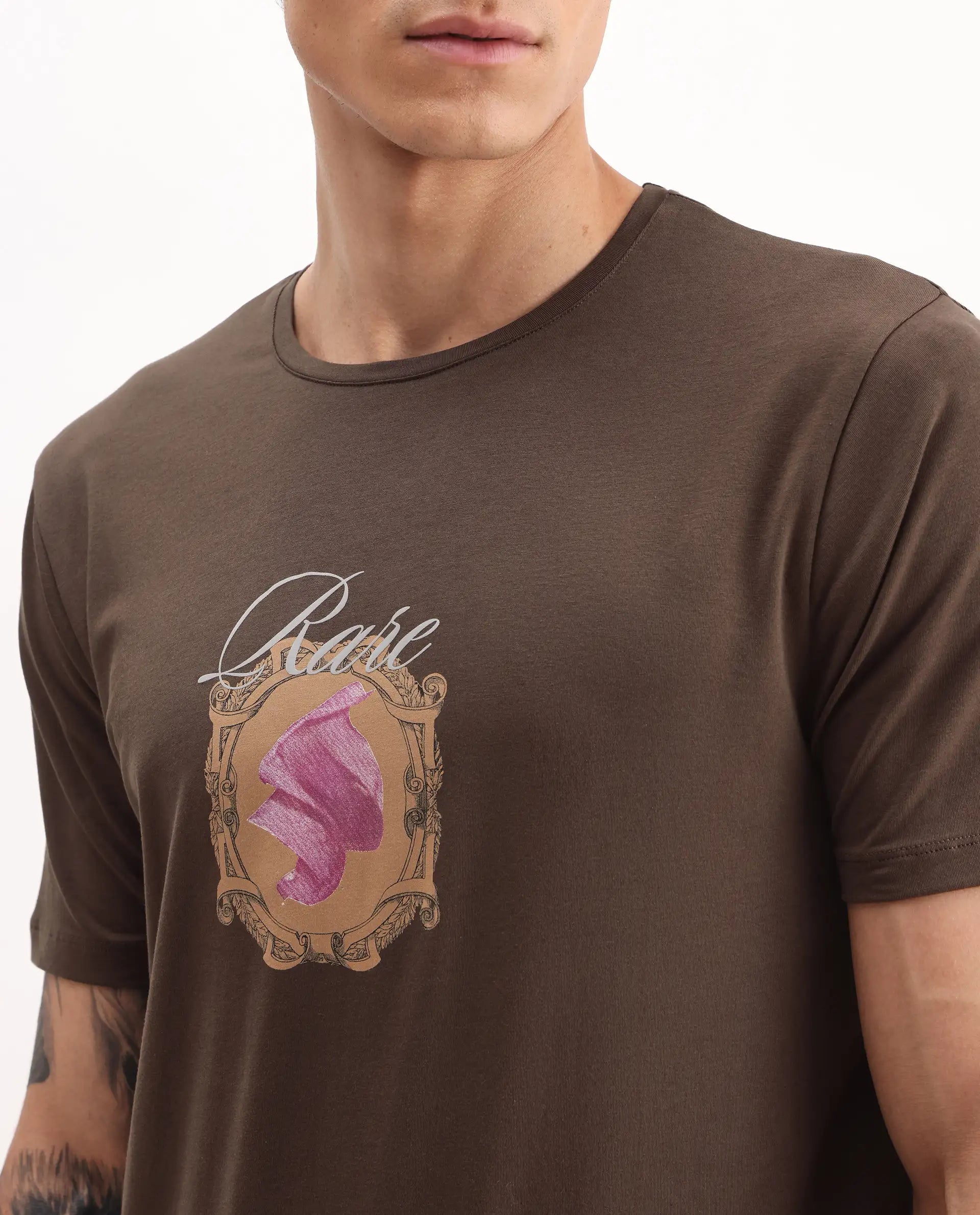 Rare Rabbit Men's Niva Dark Brown Cotton Graphic Print Regular Fit Half Sleeve Crew Neck T-Shirt