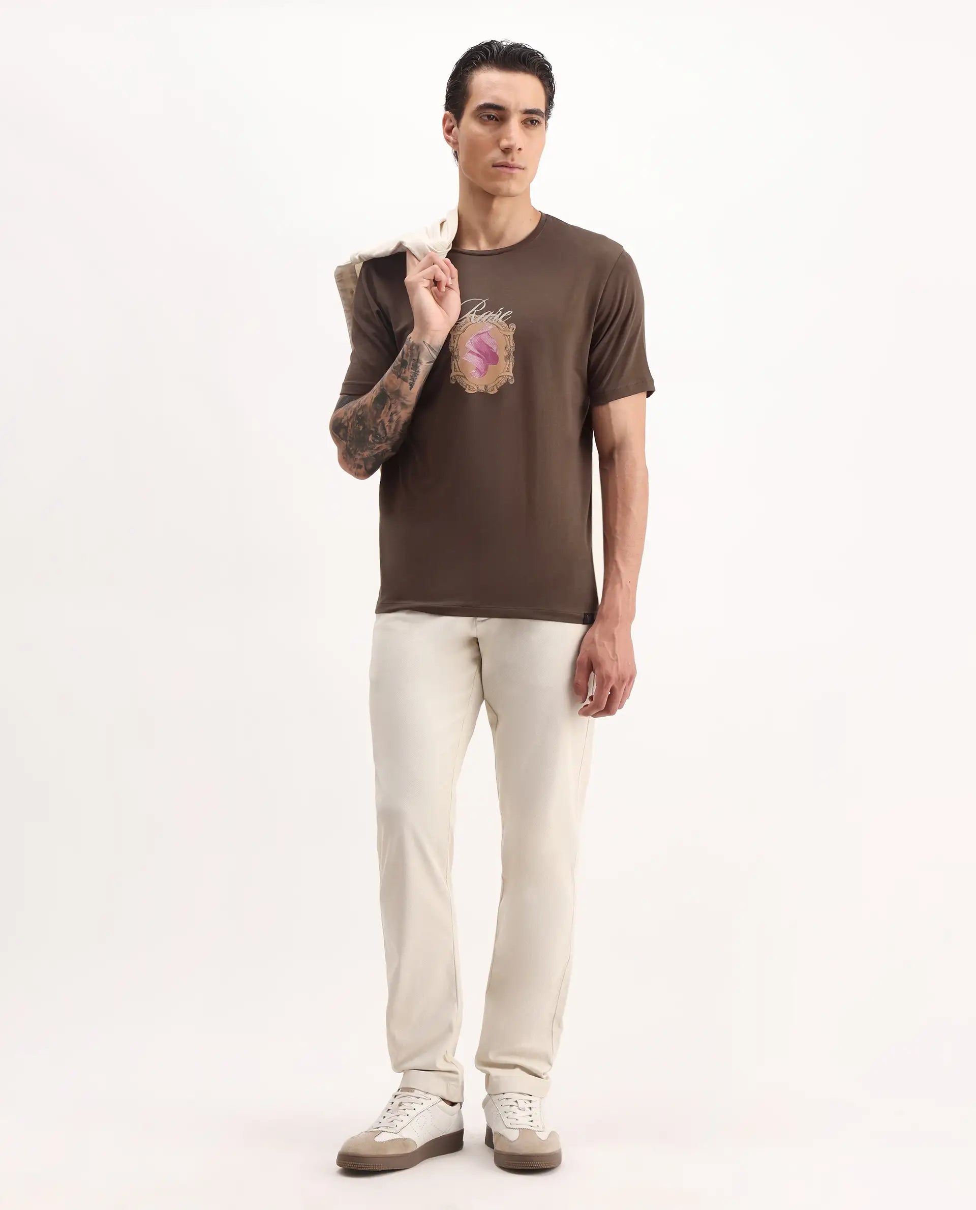 Rare Rabbit Men's Niva Dark Brown Cotton Graphic Print Regular Fit Half Sleeve Crew Neck T-Shirt
