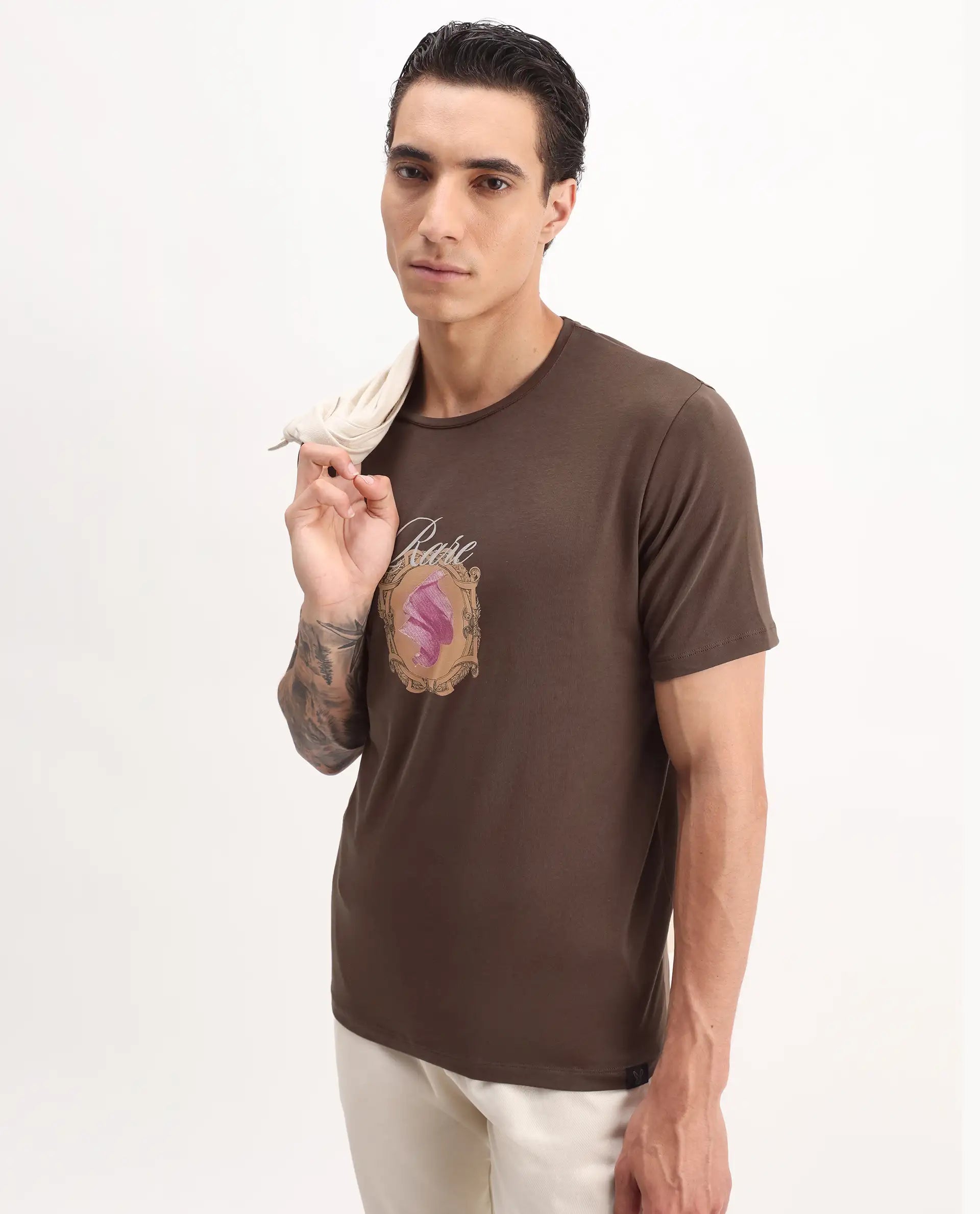 Rare Rabbit Men's Niva Dark Brown Cotton Graphic Print Regular Fit Half Sleeve Crew Neck T-Shirt