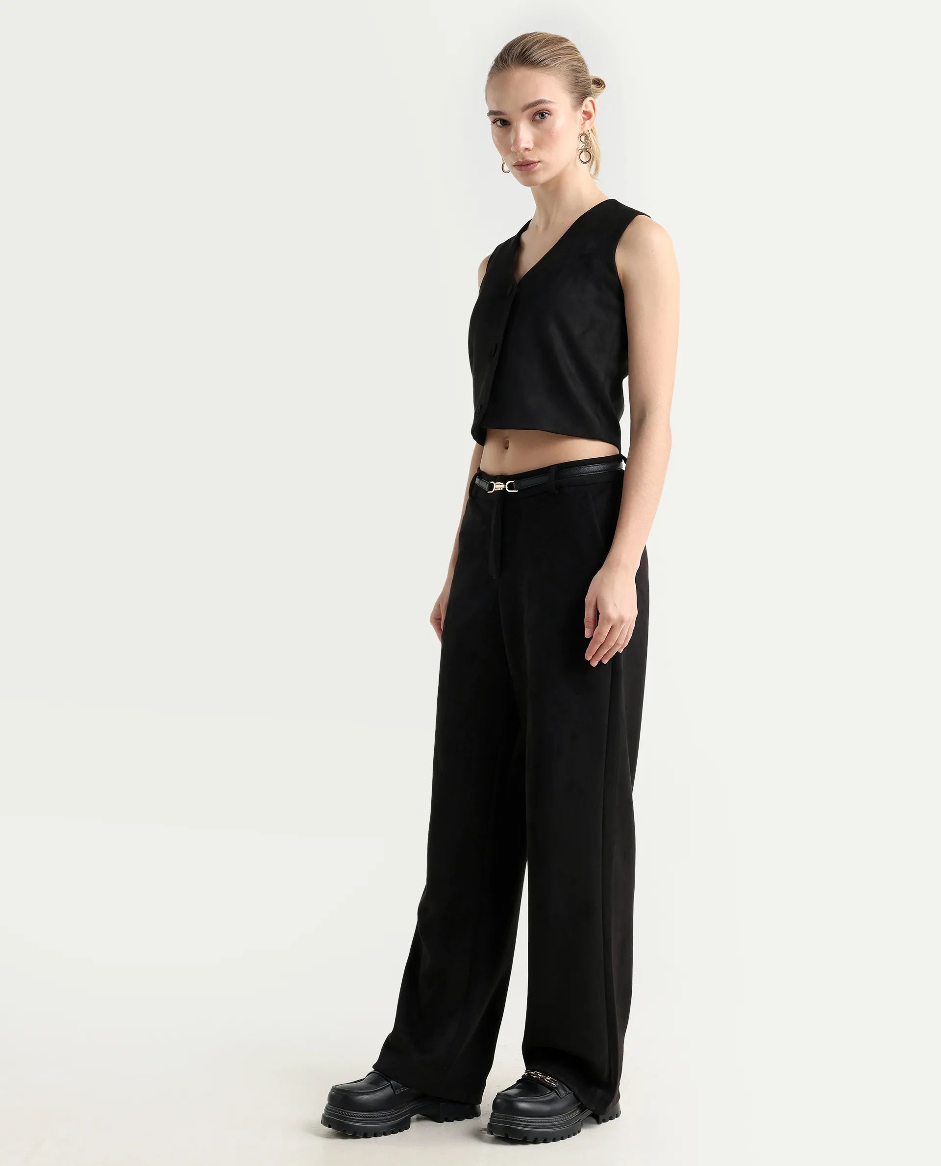 Rareism Women's Niwast-B Black Polyester Blend Straight Fit Travel Trouser