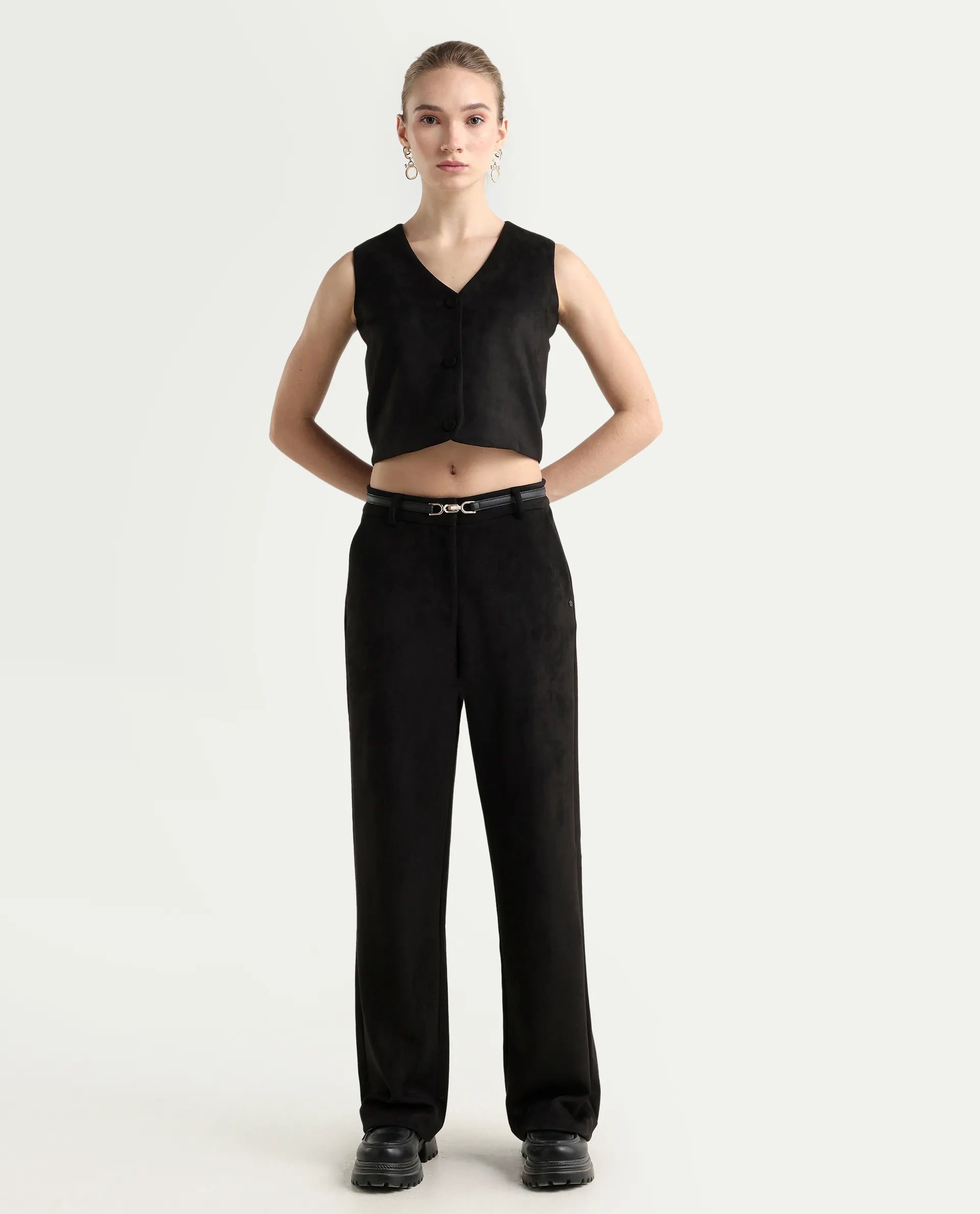 Rareism Women's Niwast-B Black Polyester Blend Straight Fit Travel Trouser