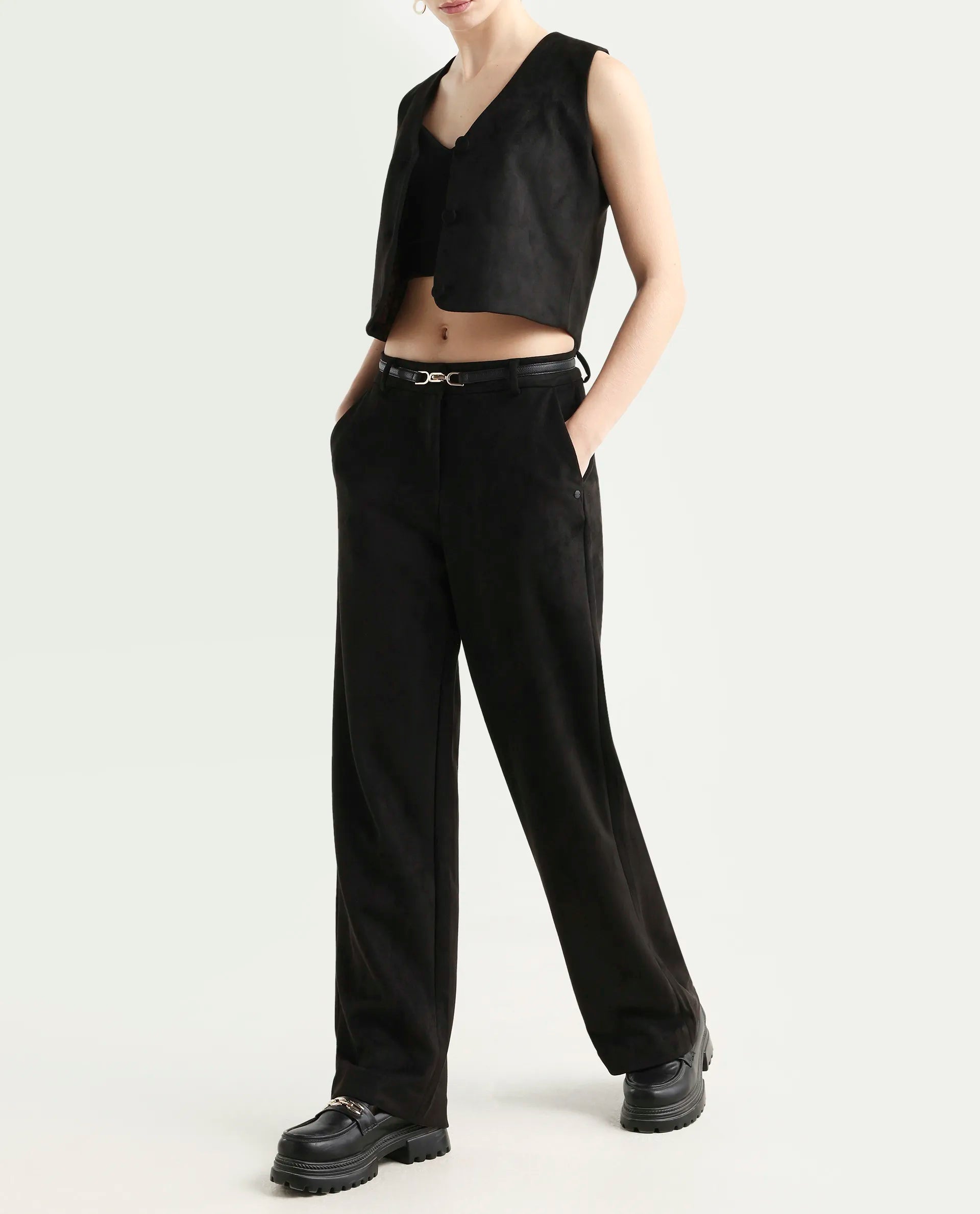 Rareism Women's Niwast-B Black Polyester Blend Straight Fit Travel Trouser