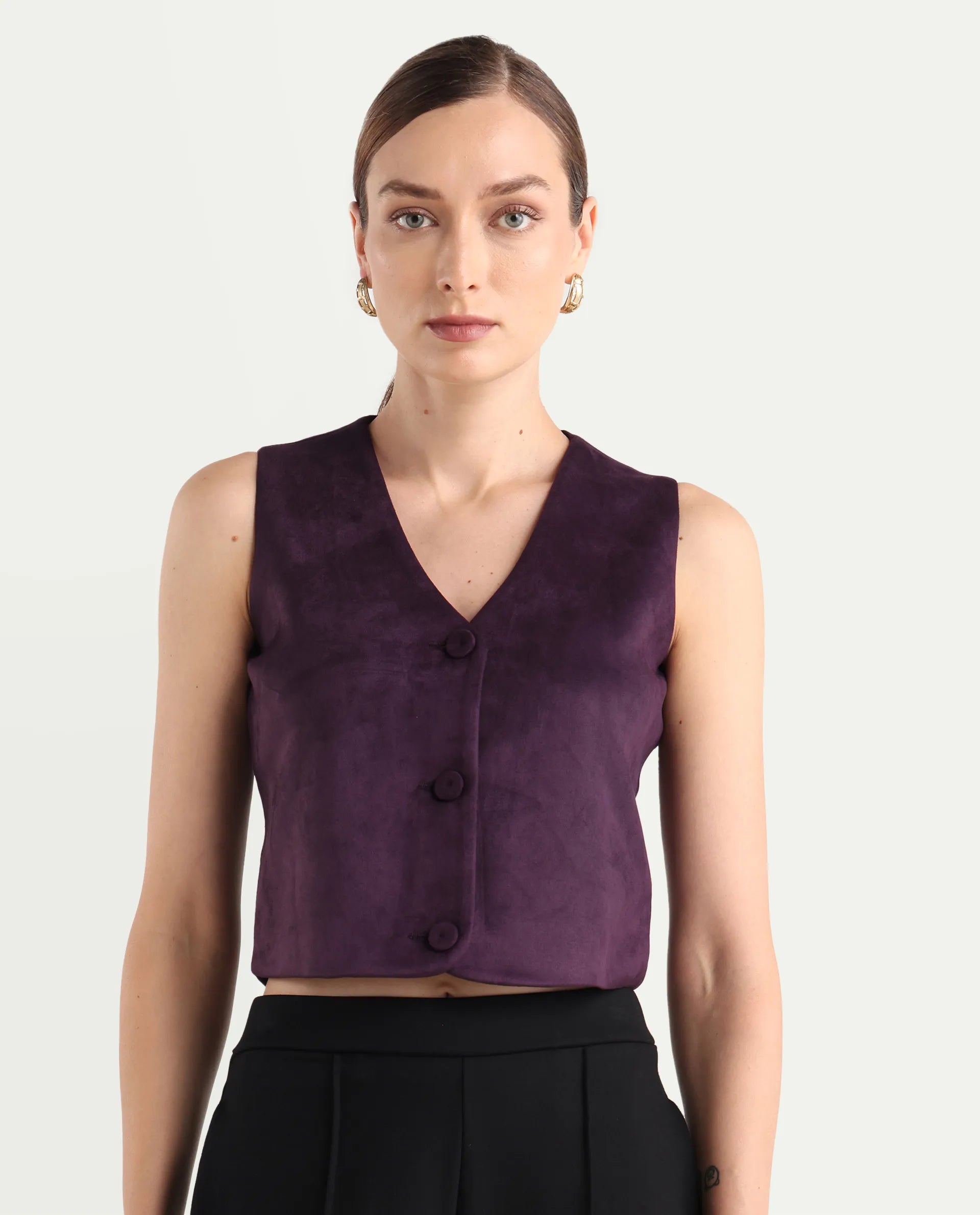 Rareism Women's Niwast-T Purple Polyester Blend V-Neck Regular Fit Waist Coat