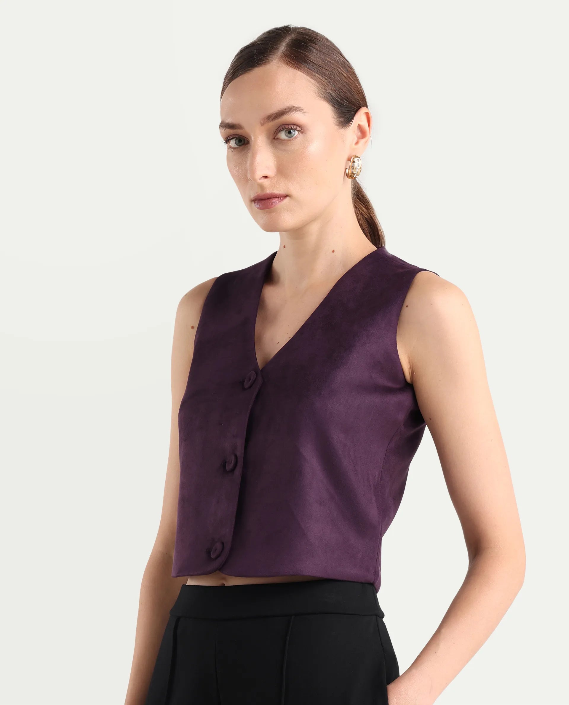 Rareism Women's Niwast-T Purple Polyester Blend V-Neck Regular Fit Waist Coat