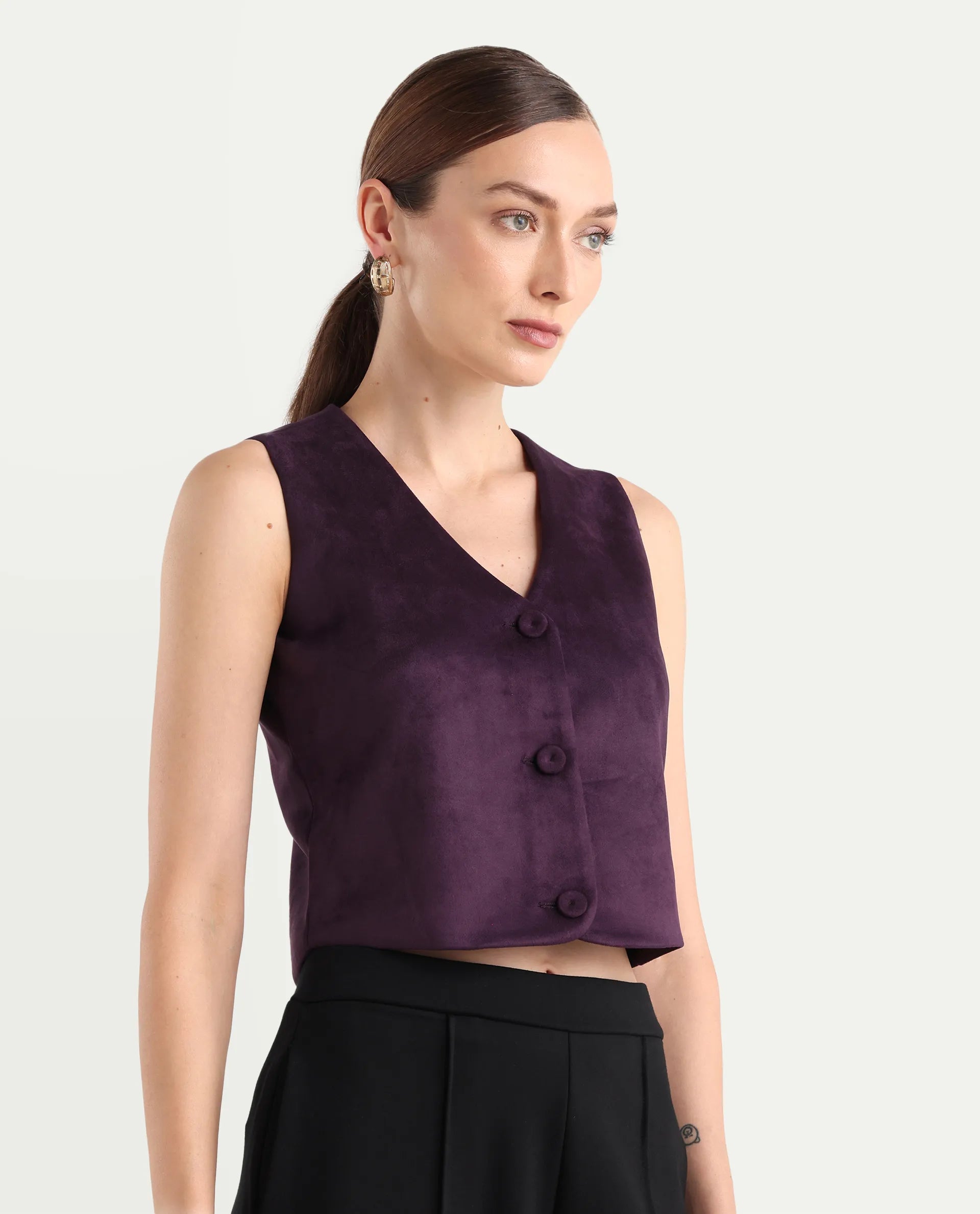 Rareism Women's Niwast-T Purple Polyester Blend V-Neck Regular Fit Waist Coat