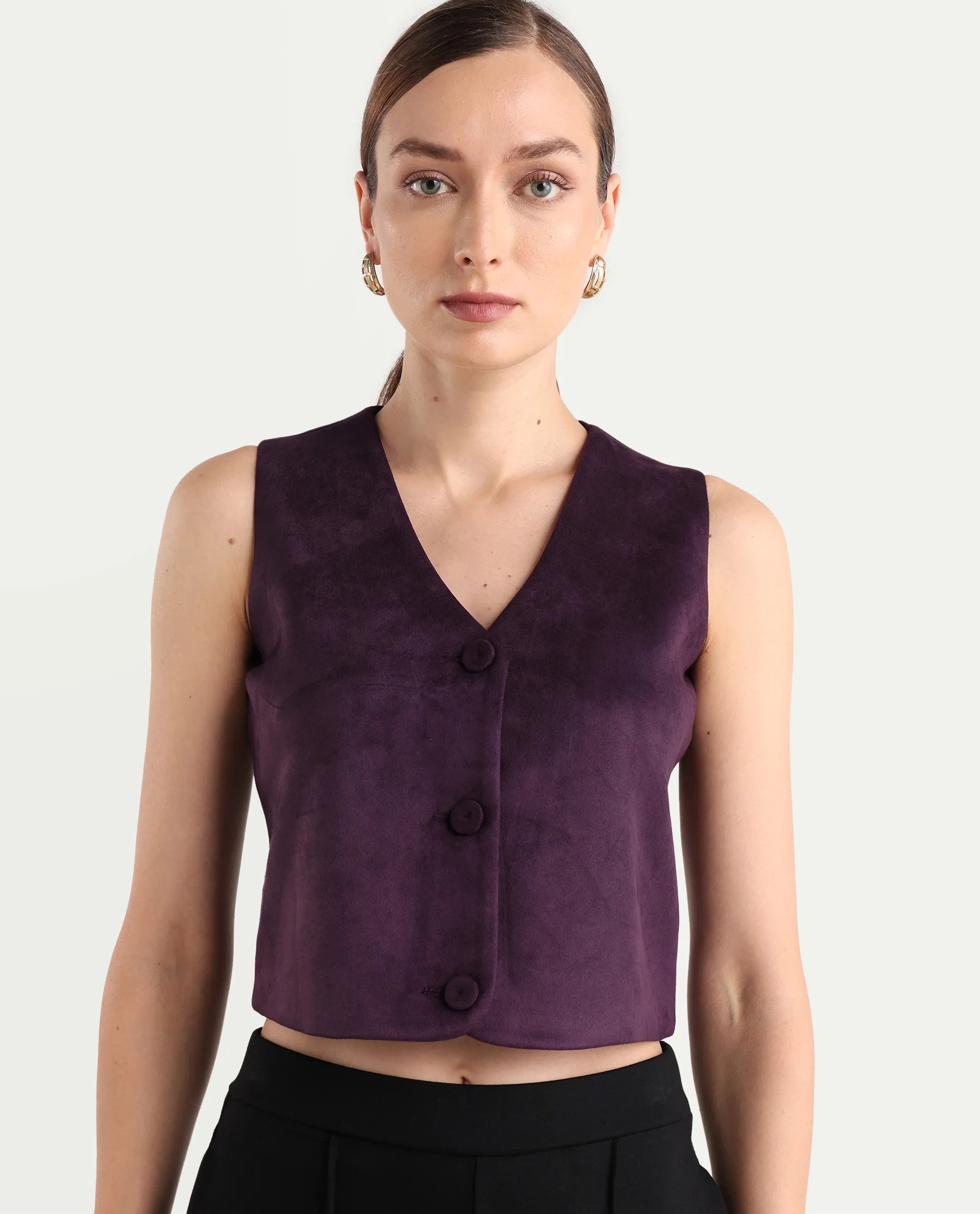 Rareism Women's Niwast-T Purple Polyester Blend V-Neck Regular Fit Waist Coat