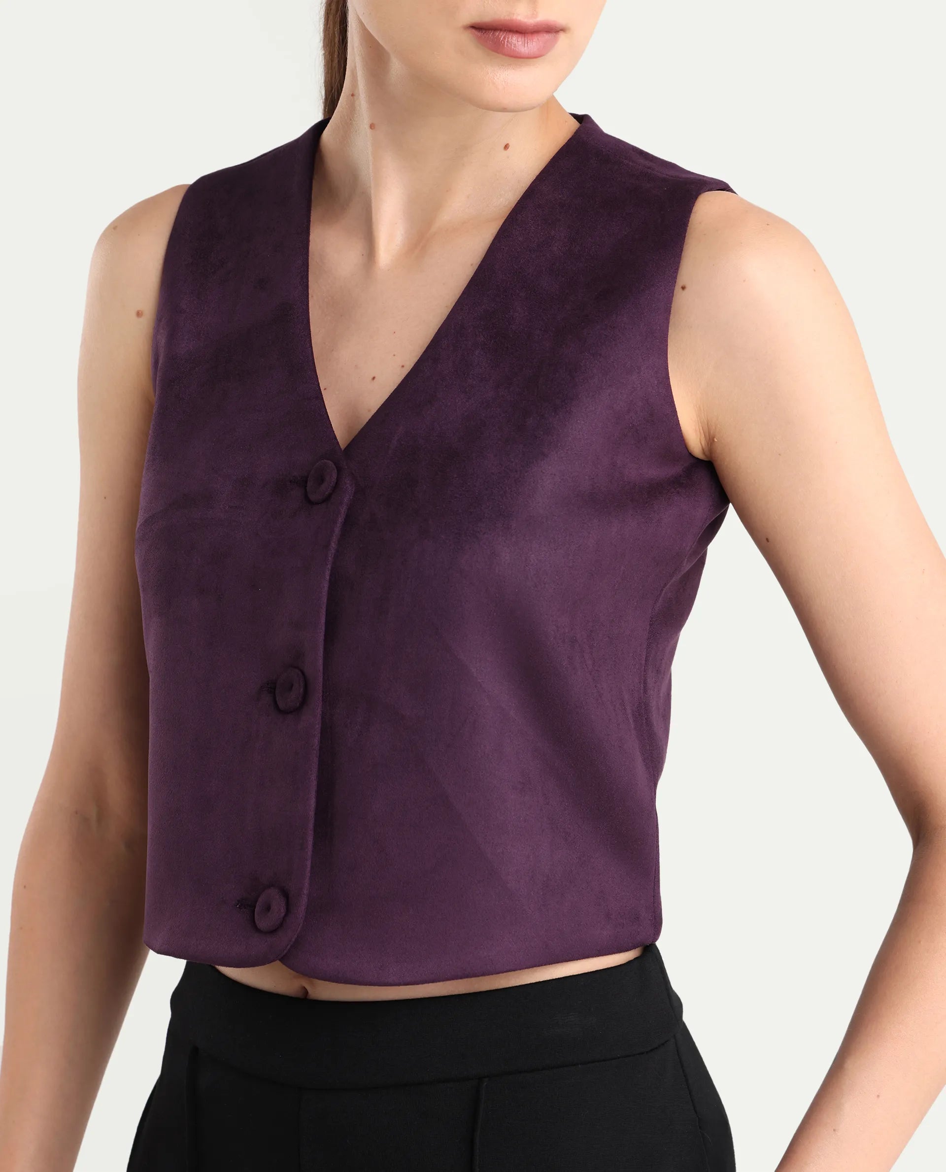 Rareism Women's Niwast-T Purple Polyester Blend V-Neck Regular Fit Waist Coat