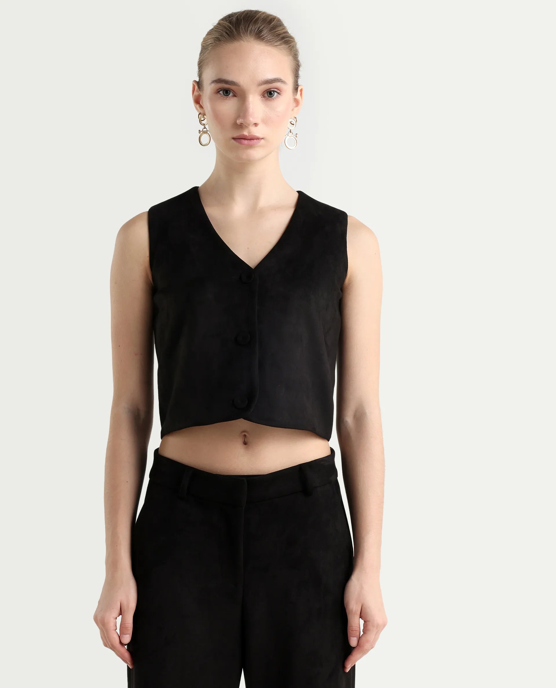 Rareism Women's Niwast-T Black Polyester Blend V-Neck Regular Fit Waist Coat