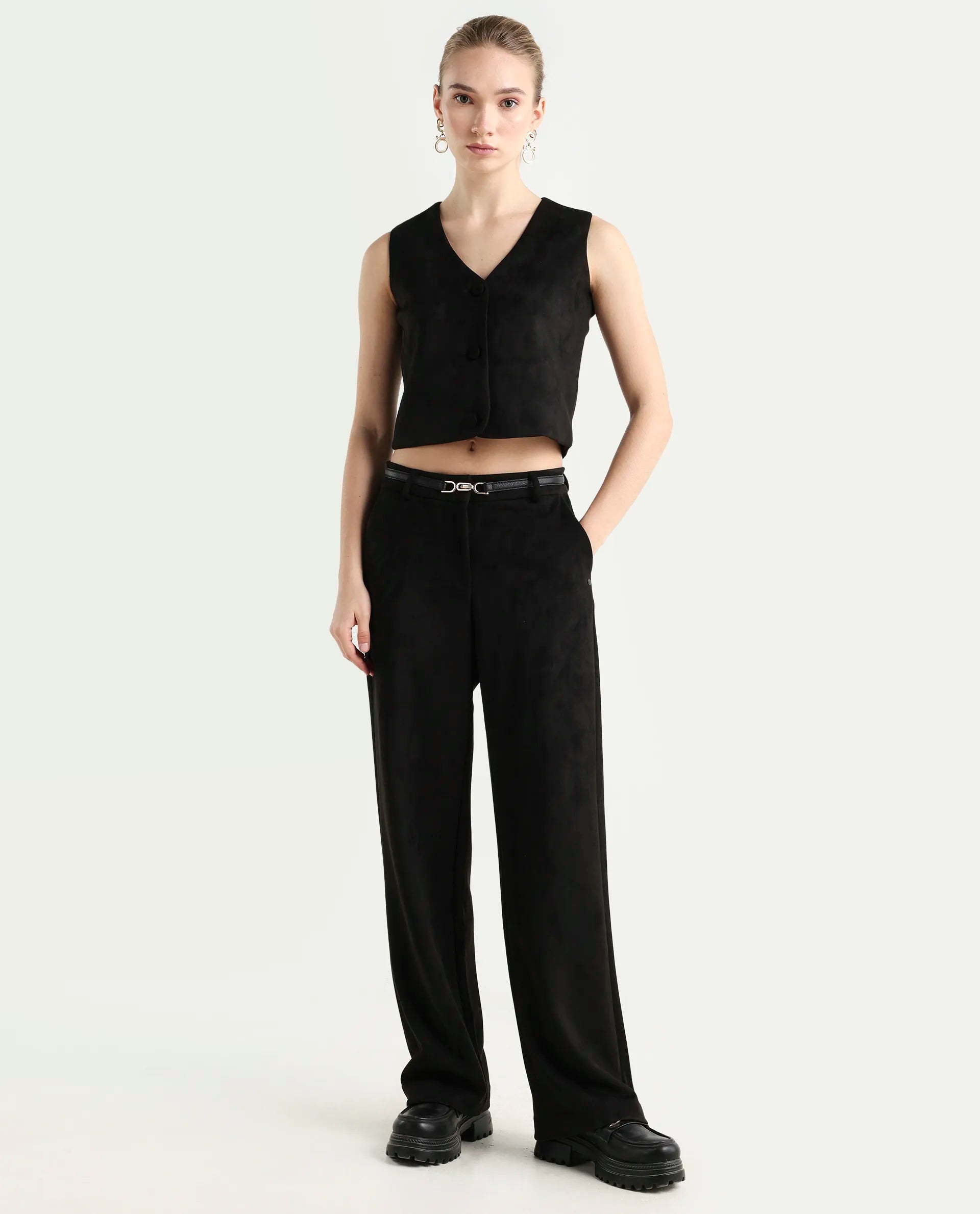 Rareism Women's Niwast-T Black Polyester Blend V-Neck Regular Fit Waist Coat