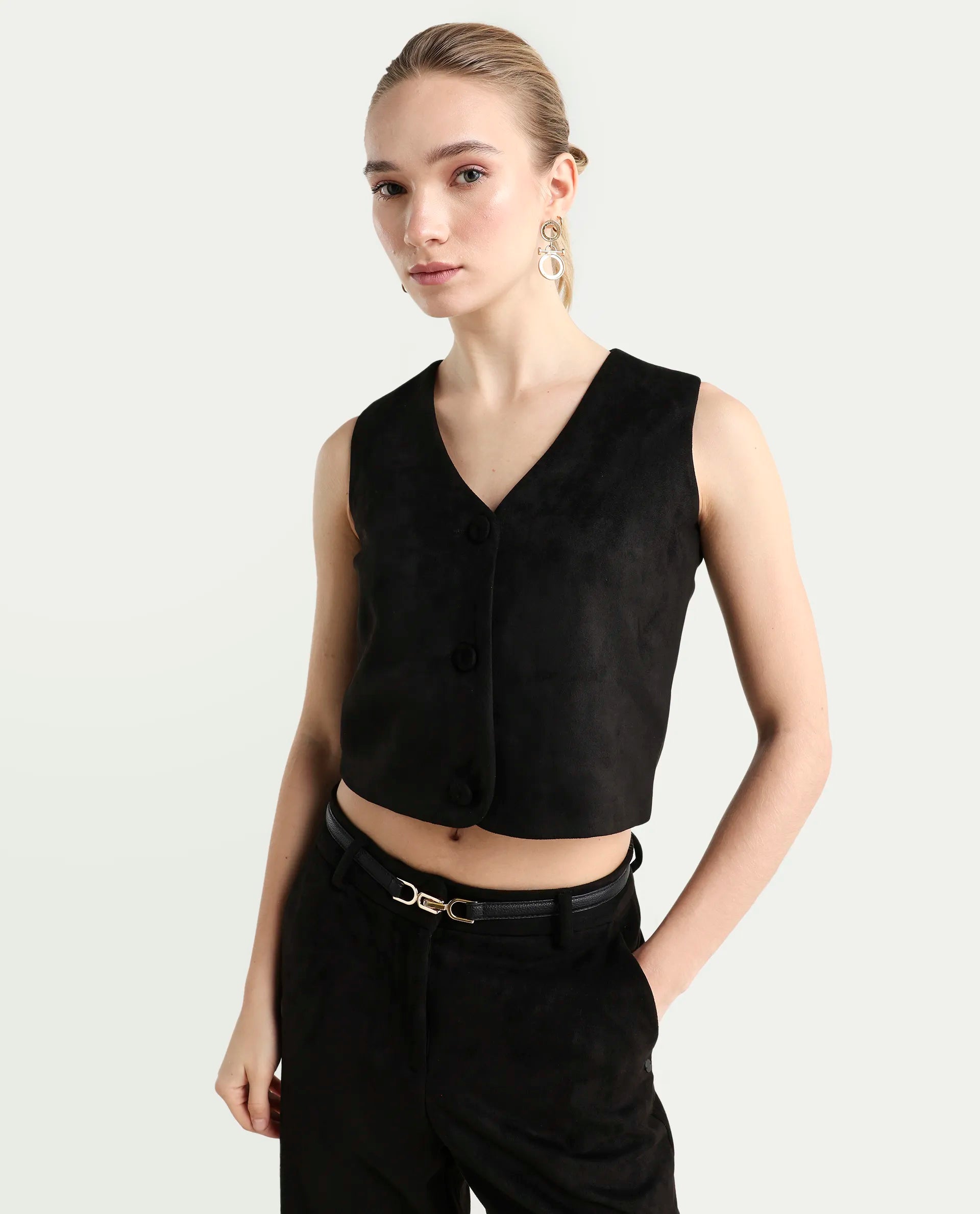 Rareism Women's Niwast-T Black Polyester Blend V-Neck Regular Fit Waist Coat