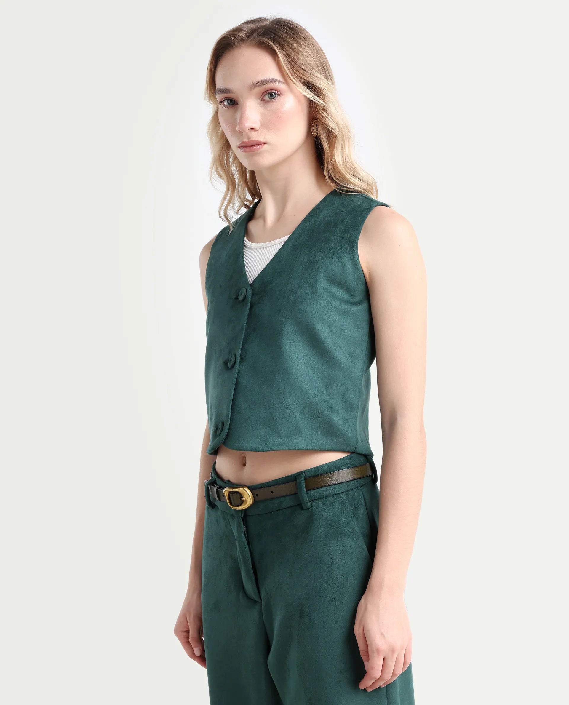 Rareism Women's Niwast-T Green Polyester Blend V-Neck Regular Fit Waist Coat