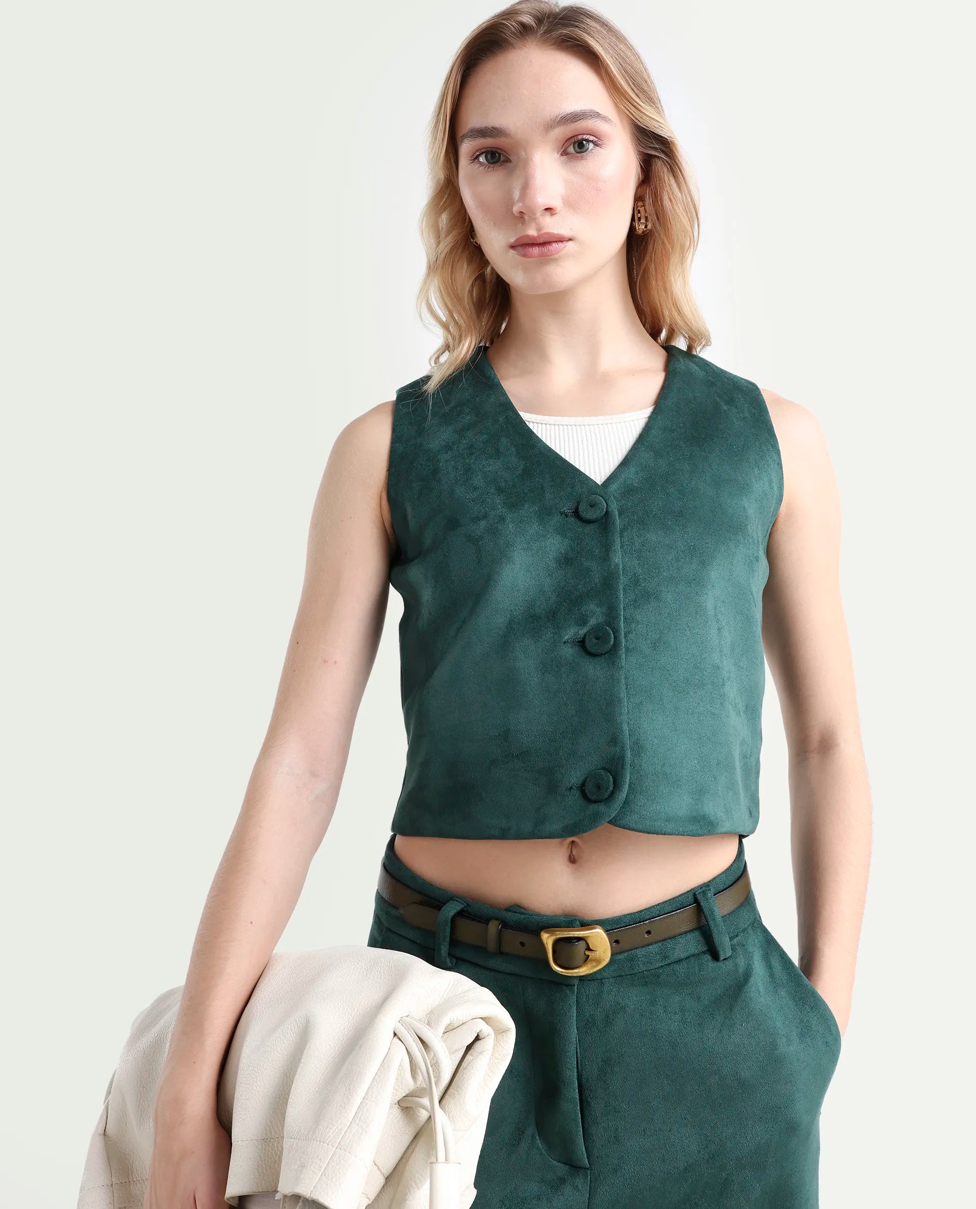 Rareism Women's Niwast-T Green Polyester Blend V-Neck Regular Fit Waist Coat