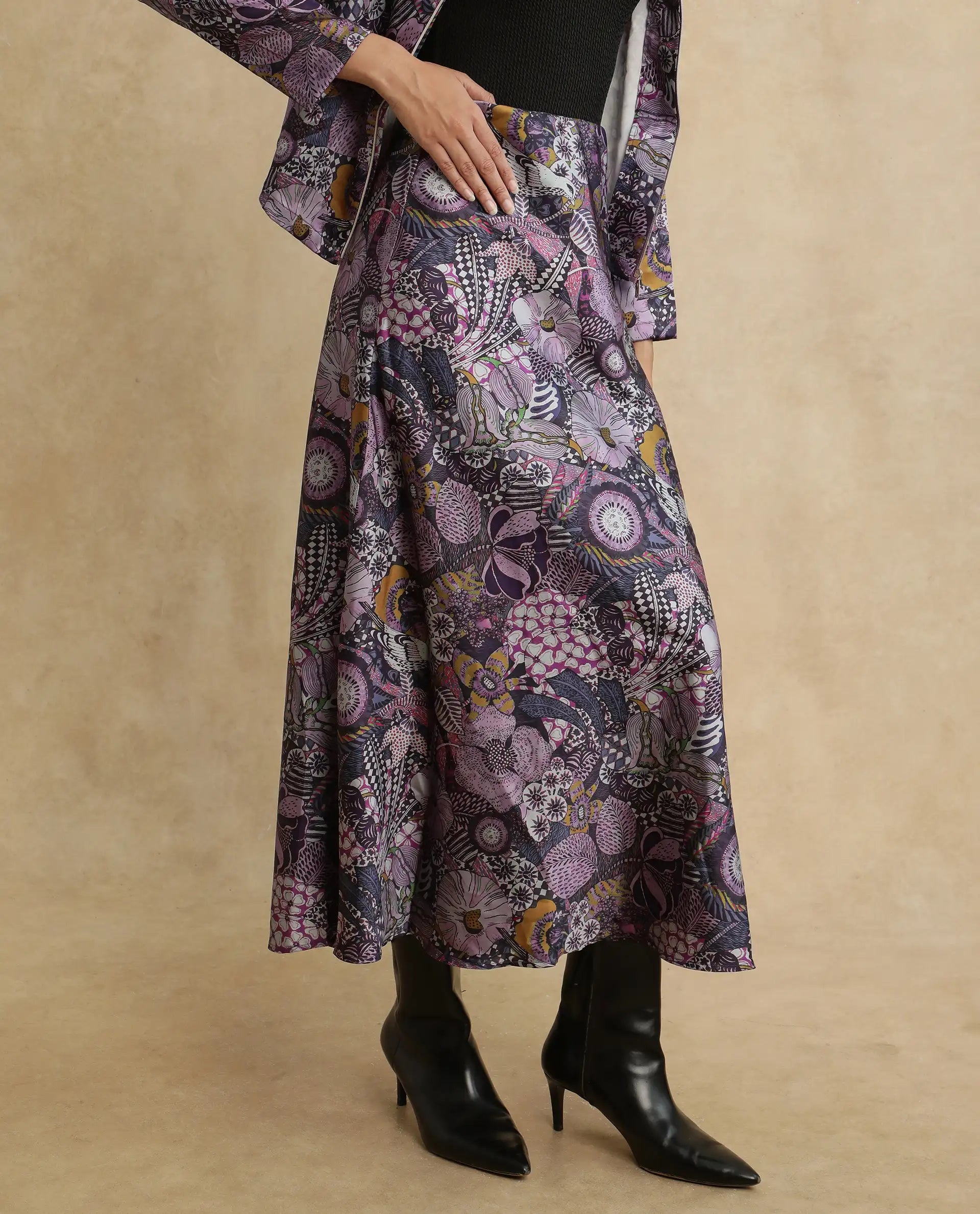 Rareism Women Niyan Multi Satin Ankle Length Abstract Print Skirt