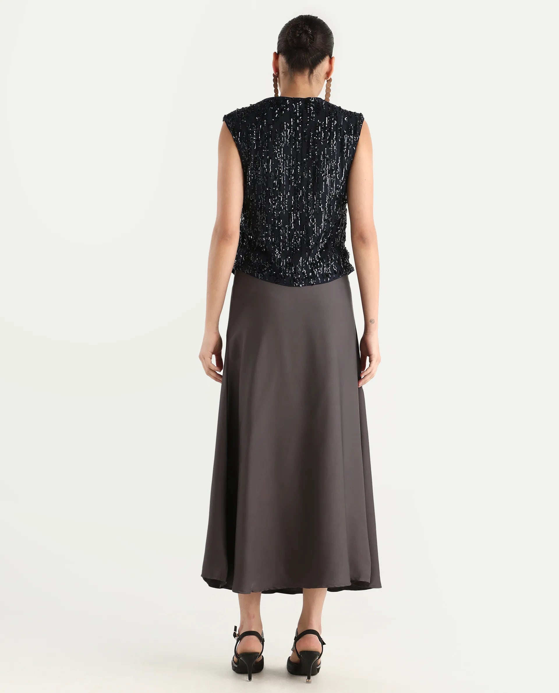 Rareism Women's Niyano Grey Satin Plain Ankle Length Regular Fit Skirt