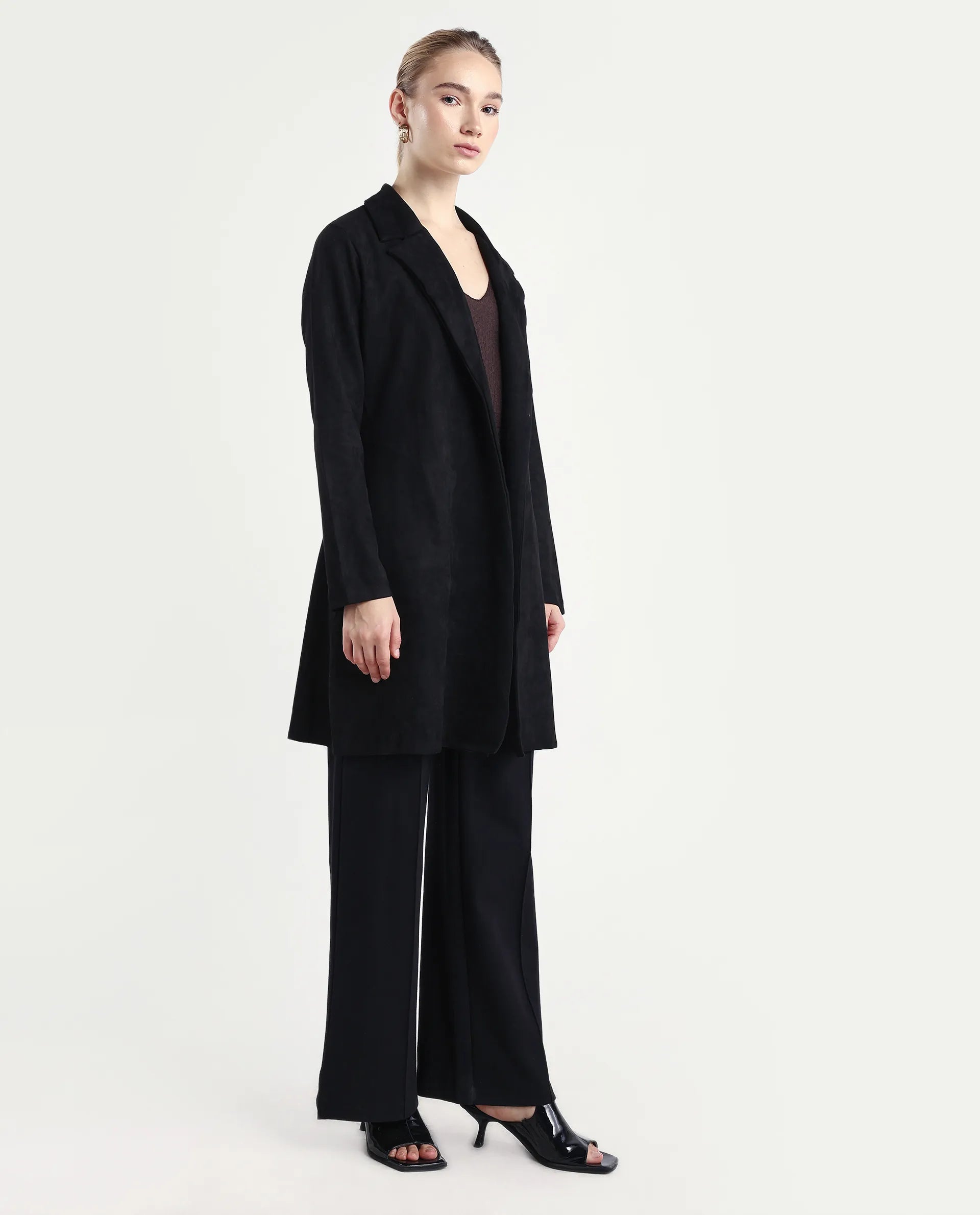 Rareism Women's Nizara Black Polyester Blend Lapel Neck Regular Fit Coat