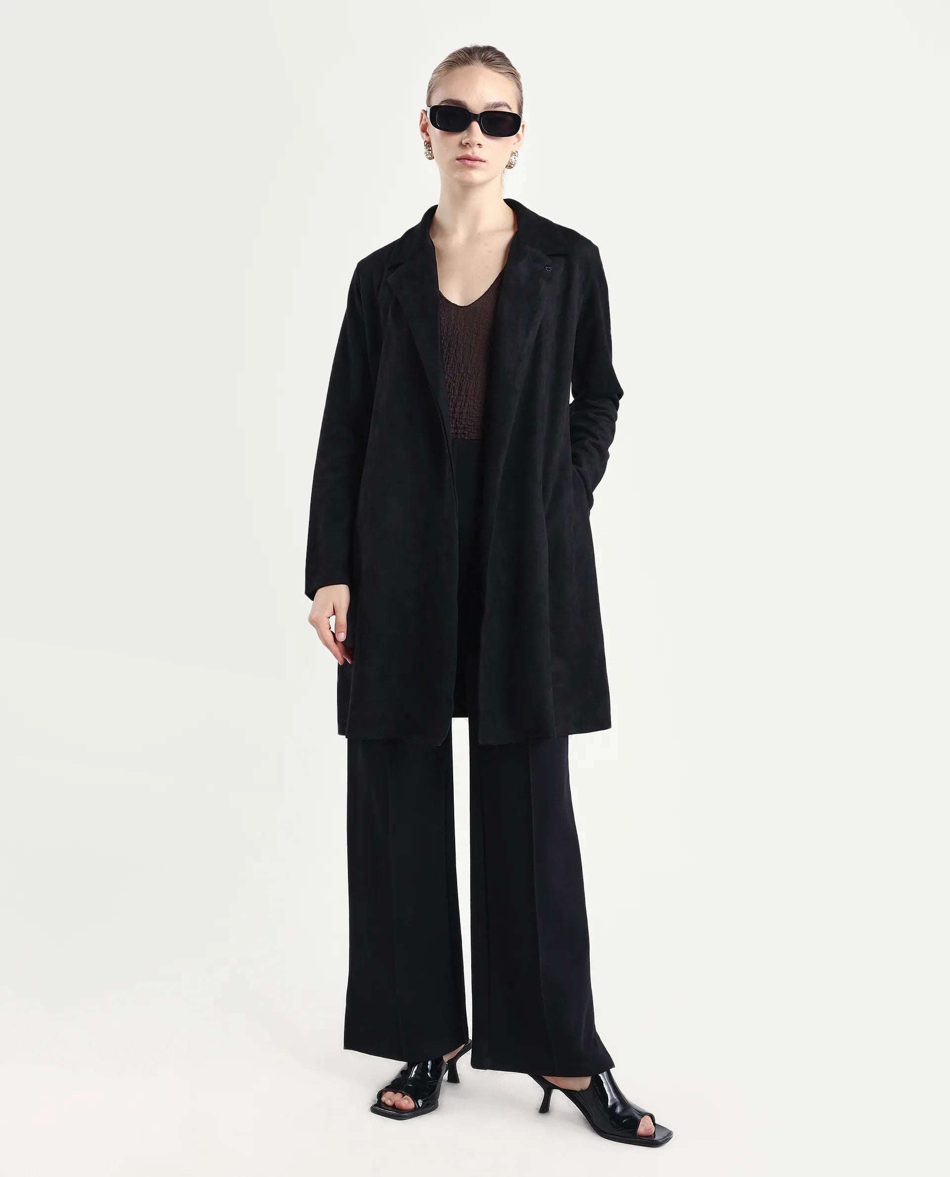 Rareism Women's Nizara Black Polyester Blend Lapel Neck Regular Fit Coat