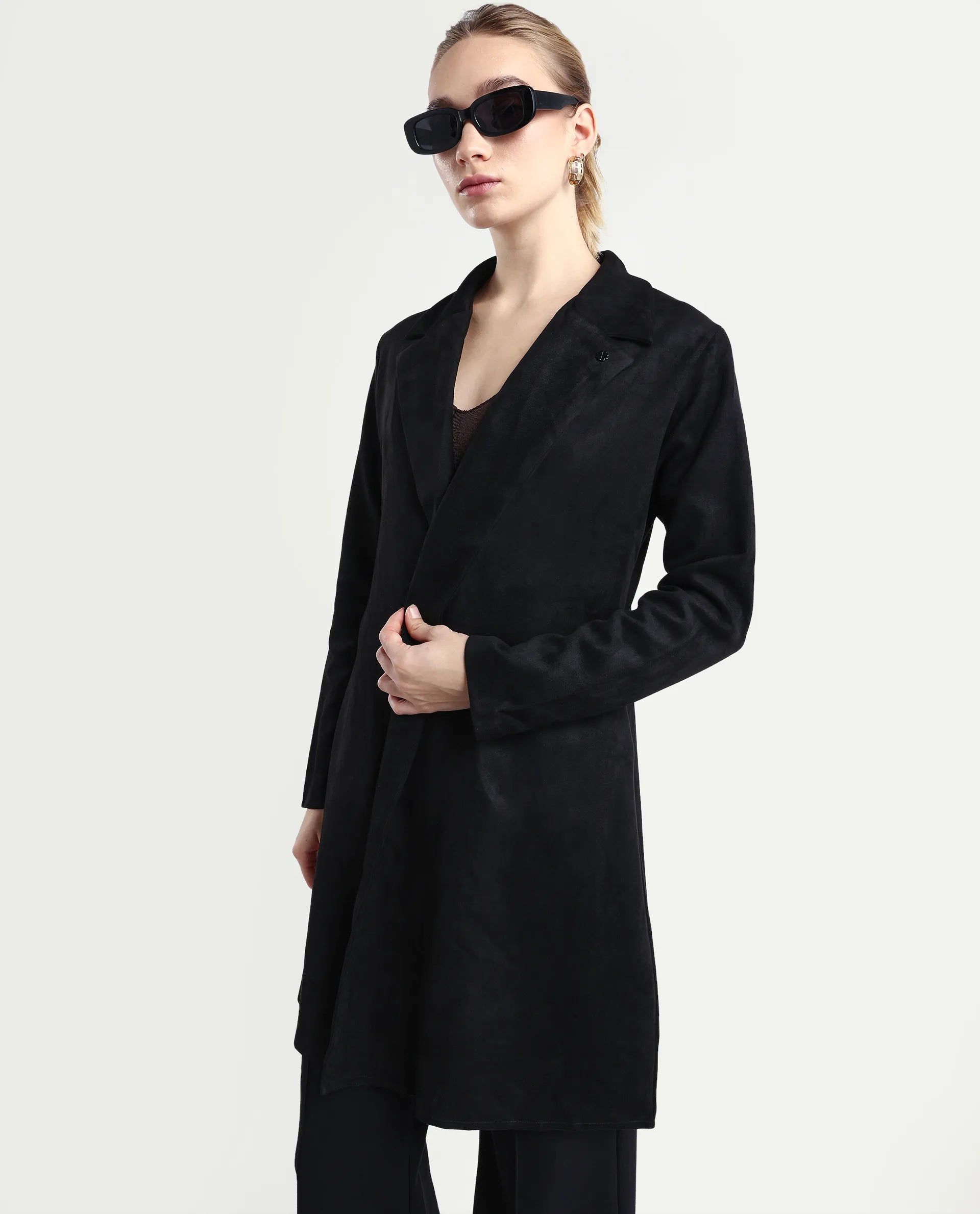 Rareism Women's Nizara Black Polyester Blend Lapel Neck Regular Fit Coat