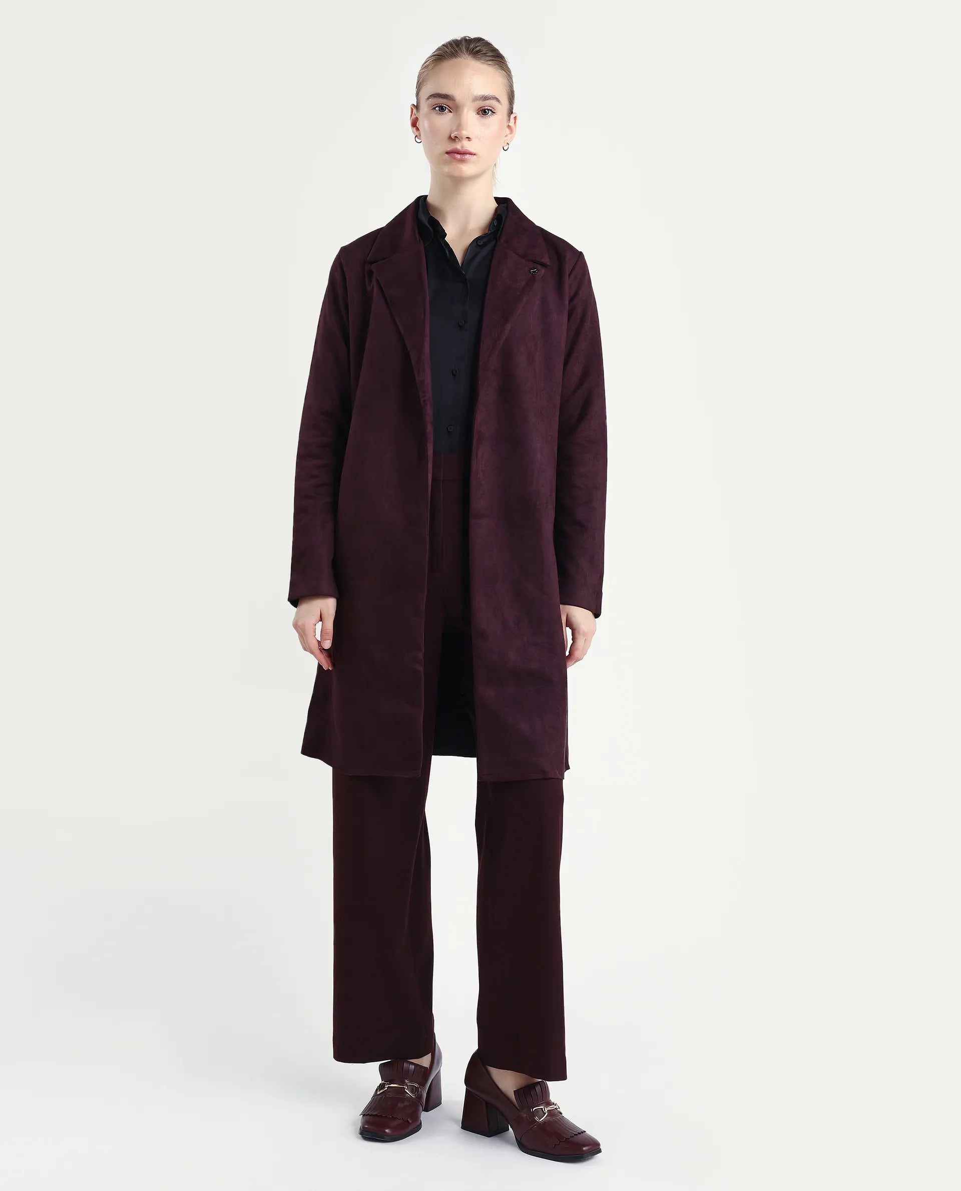 Rareism Women's Nizara Prune Polyester Blend Lapel Neck Regular Fit Coat