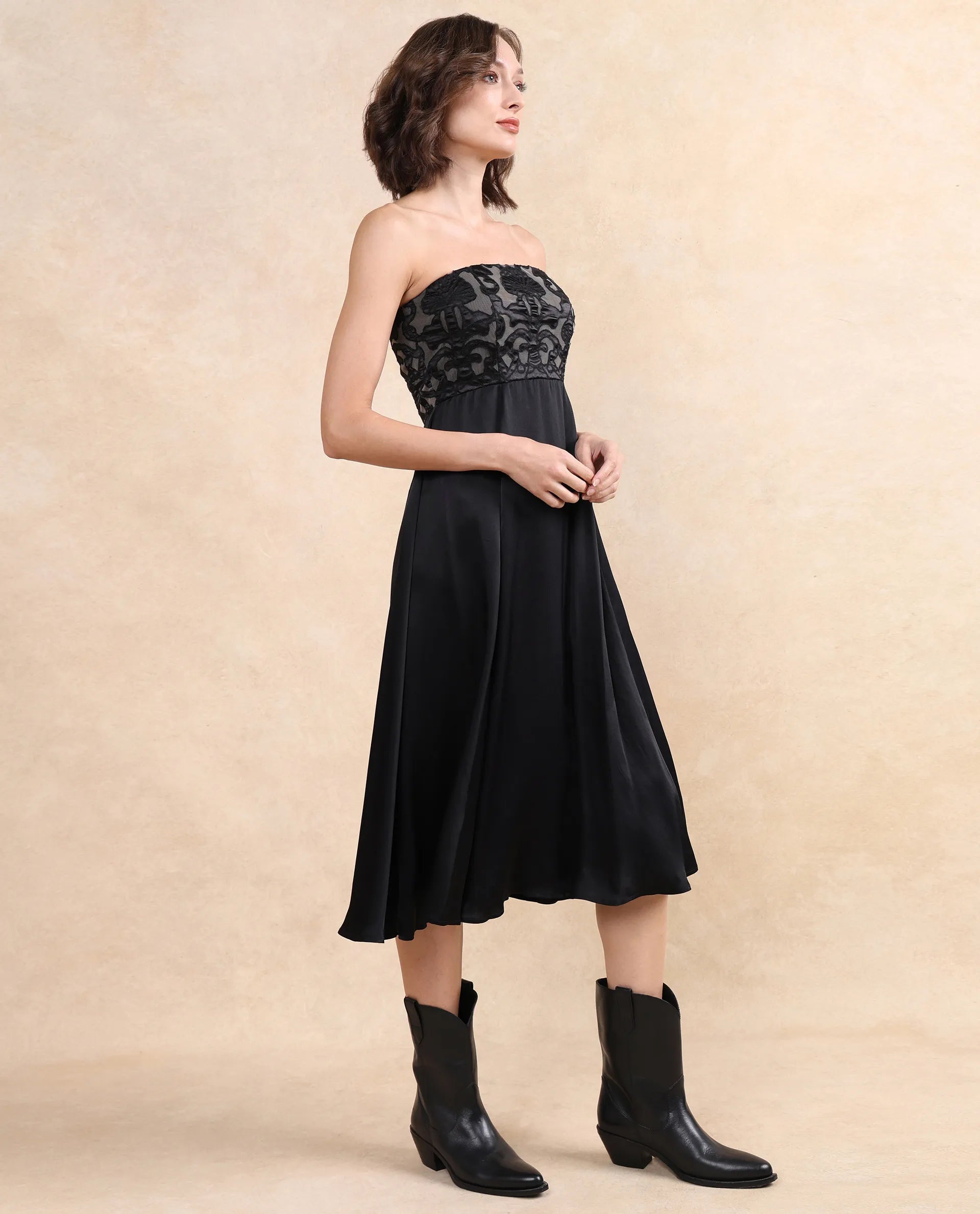 Rareism Women Nizfer Black Satin Sleeveless Tube Neck Zipper Closure Fit And Flare Midi Plain Dress