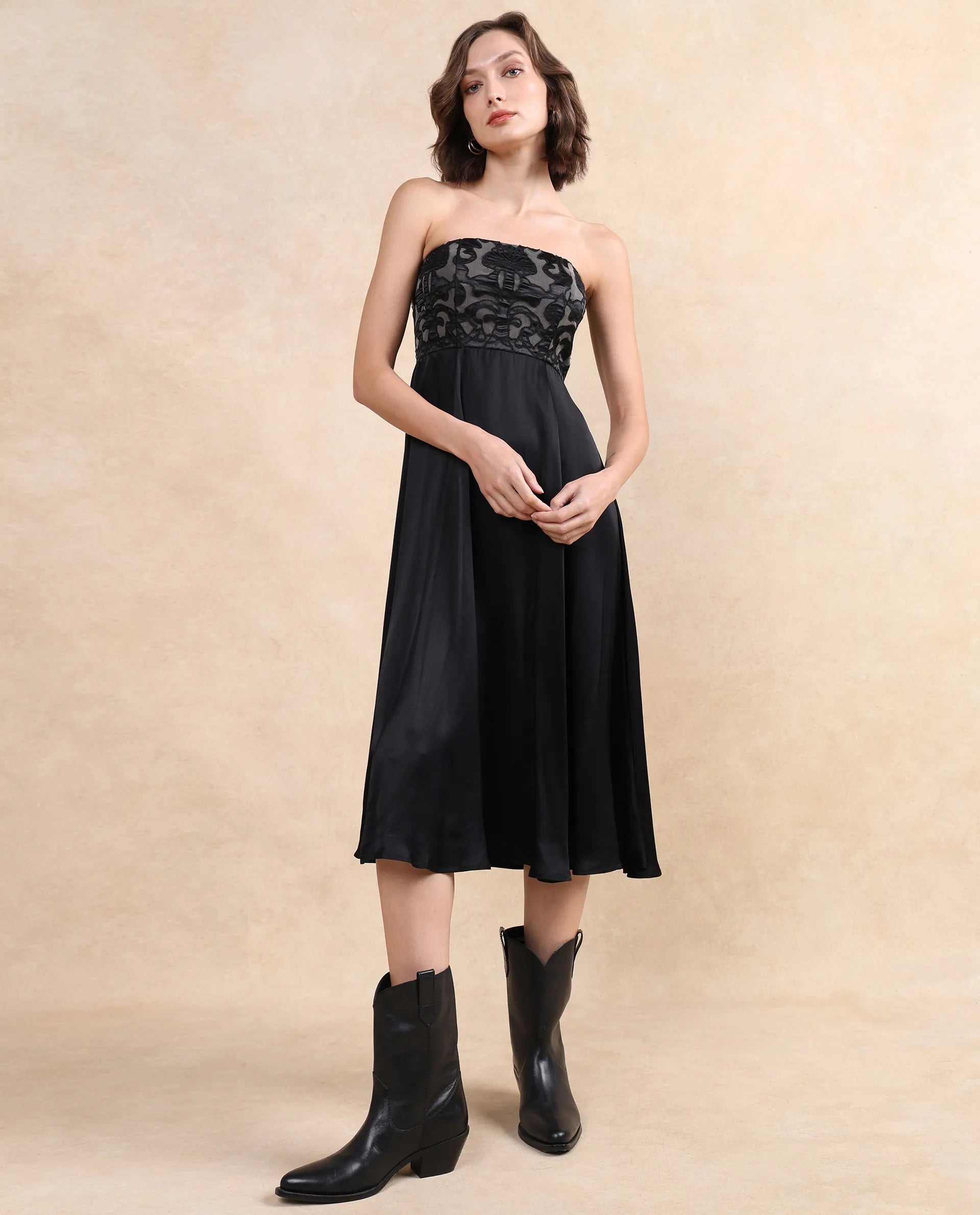 Rareism Women Nizfer Black Satin Sleeveless Tube Neck Zipper Closure Fit And Flare Midi Plain Dress