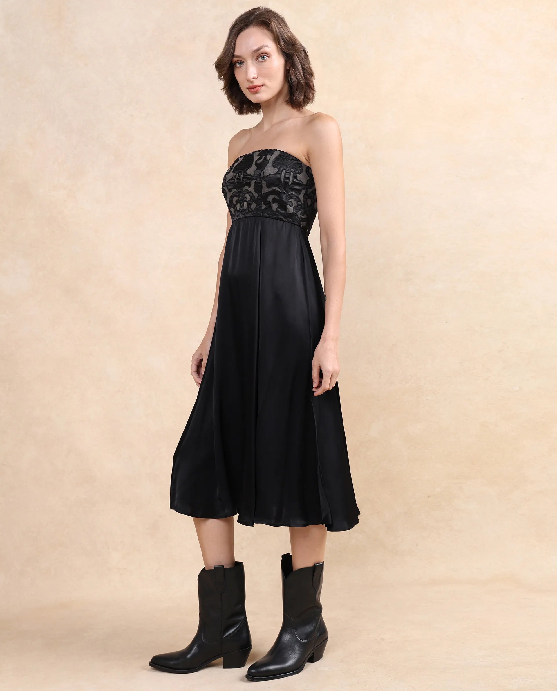 Rareism Women Nizfer Black Satin Sleeveless Tube Neck Zipper Closure Fit And Flare Midi Plain Dress