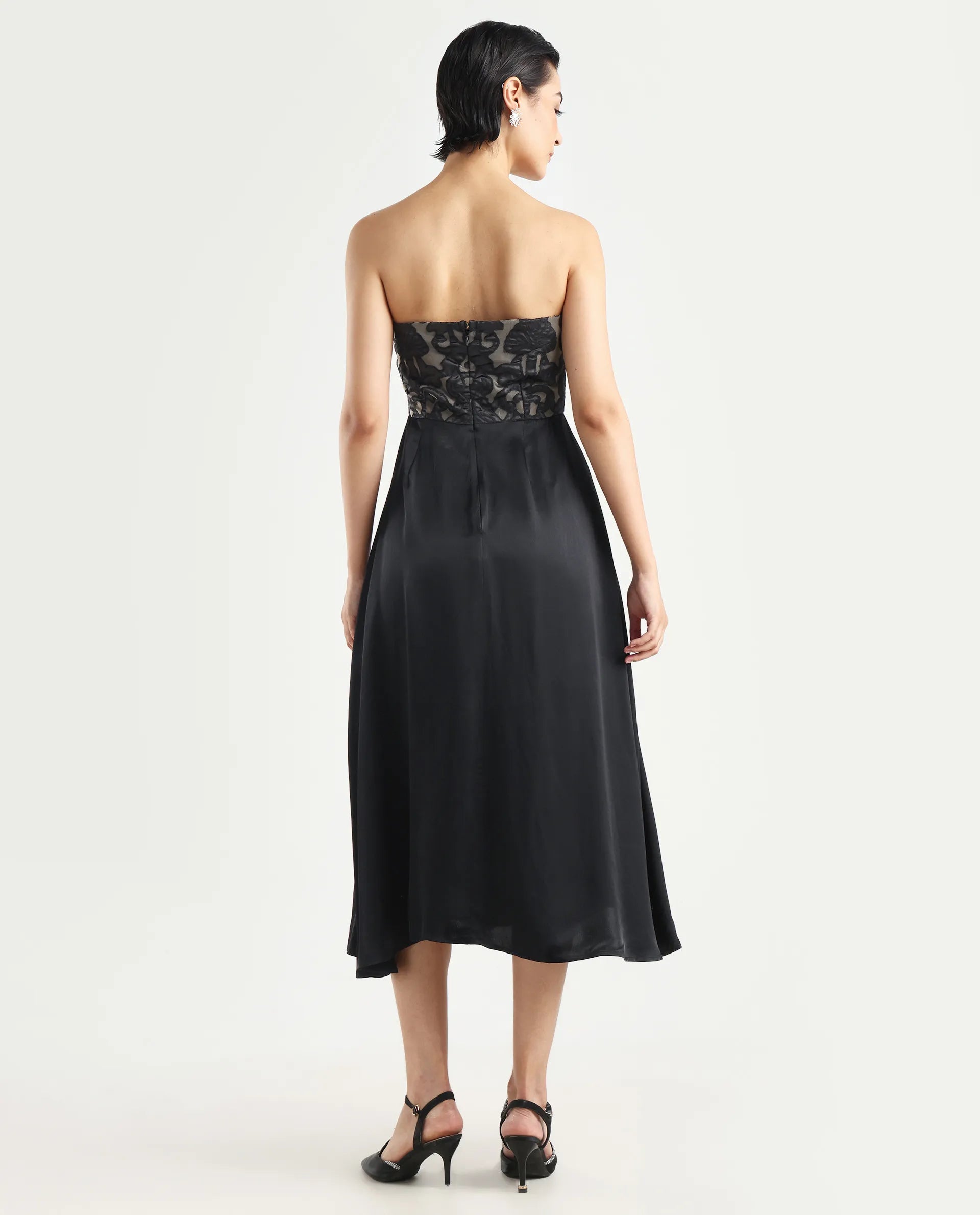 Rareism Women's Nizfer Black Satin Tube Neck Plain Sleeveless Midi Fit And Flare Dress