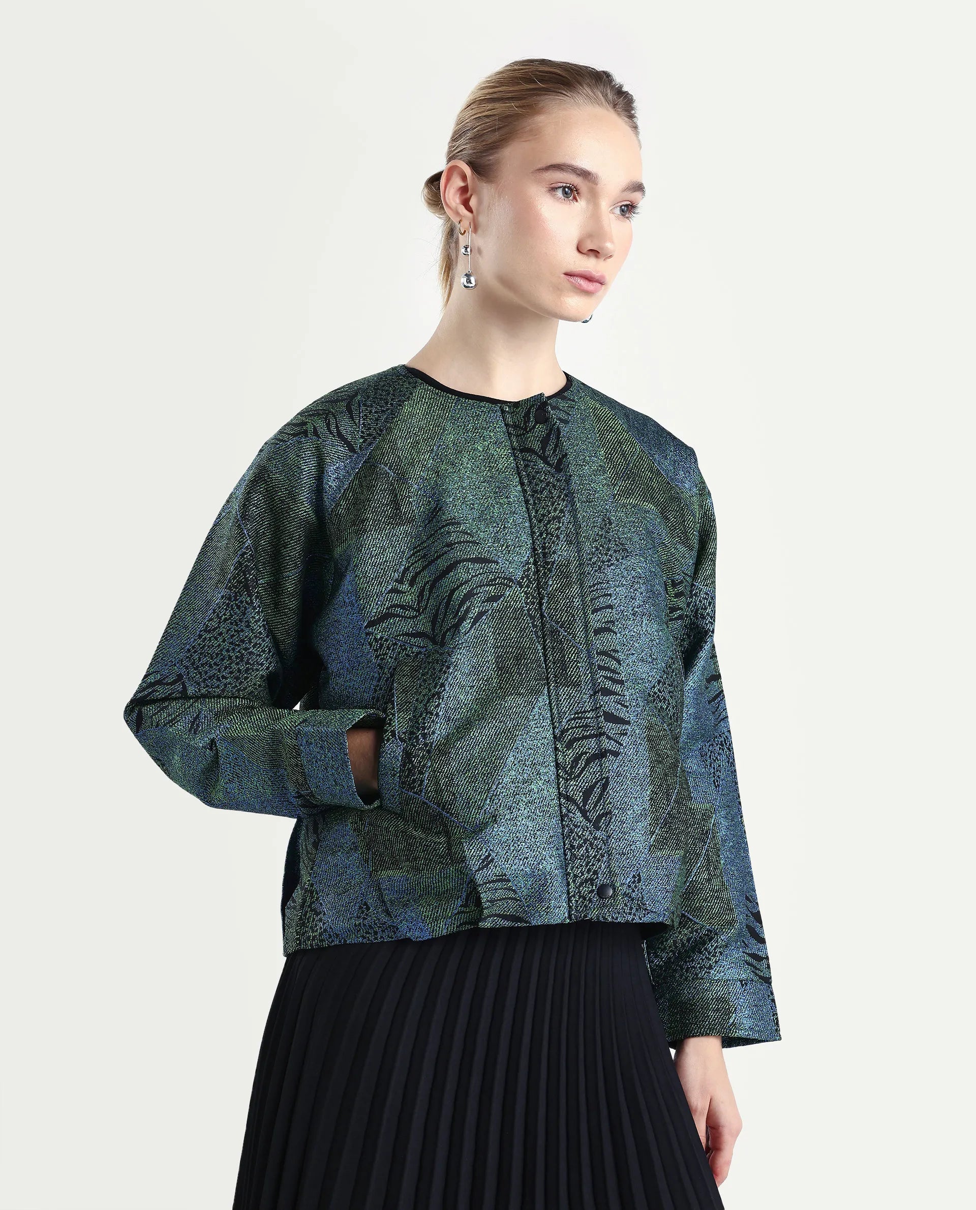 Rareism Women's Nizig Blue Polyester Blend Relaxed Fit Jacquard Jacket