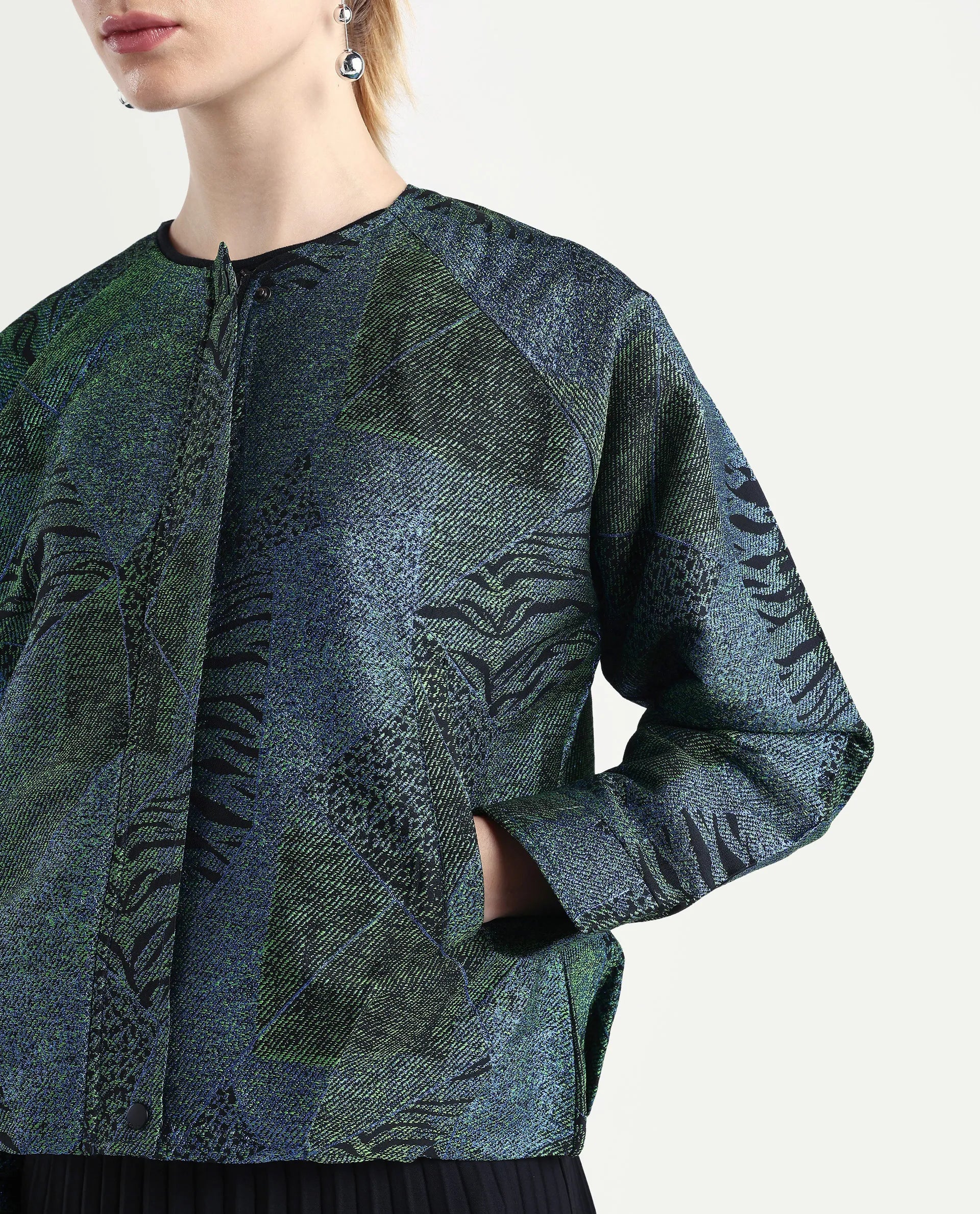 Rareism Women's Nizig Blue Polyester Blend Relaxed Fit Jacquard Jacket