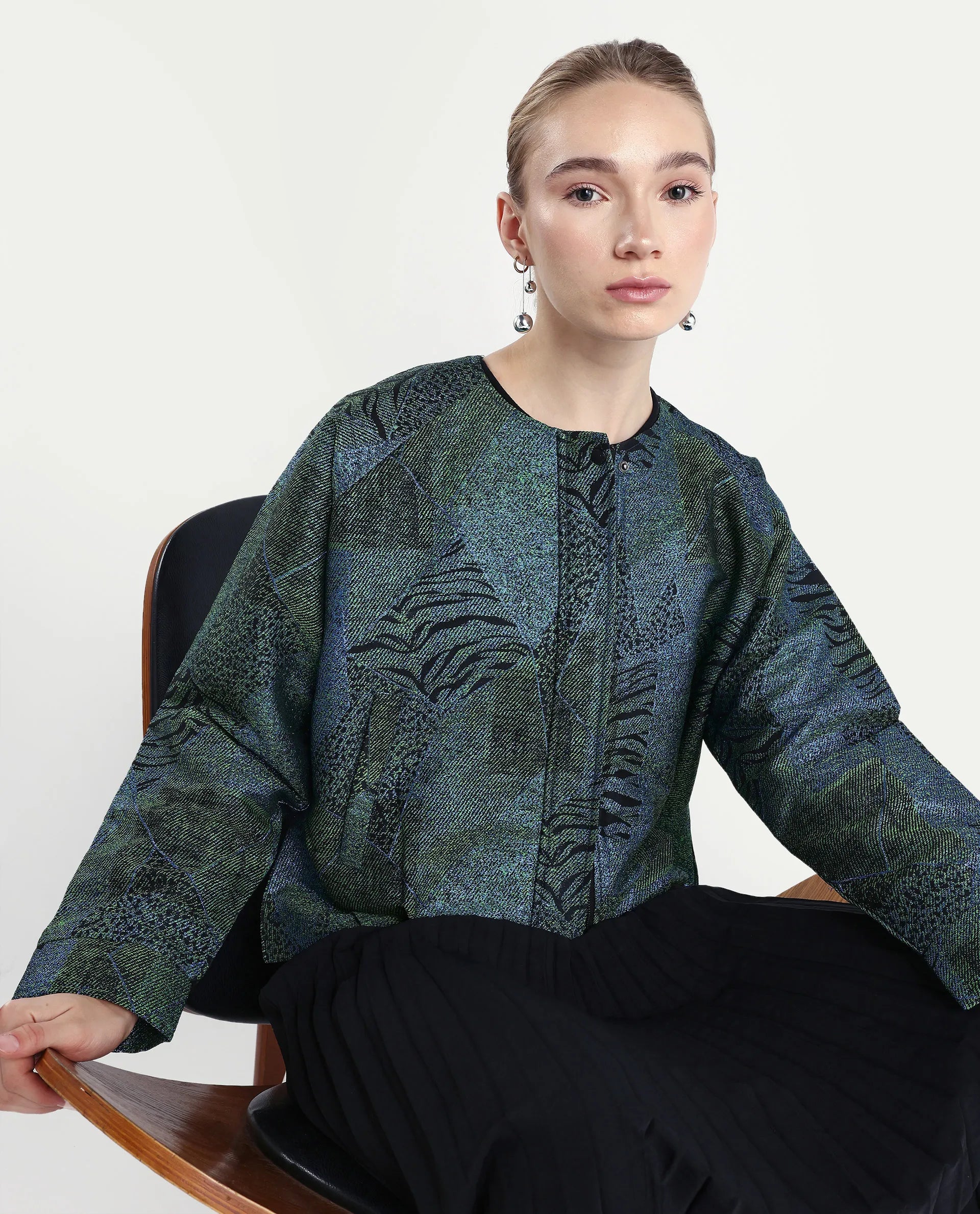 Rareism Women's Nizig Blue Polyester Blend Relaxed Fit Jacquard Jacket